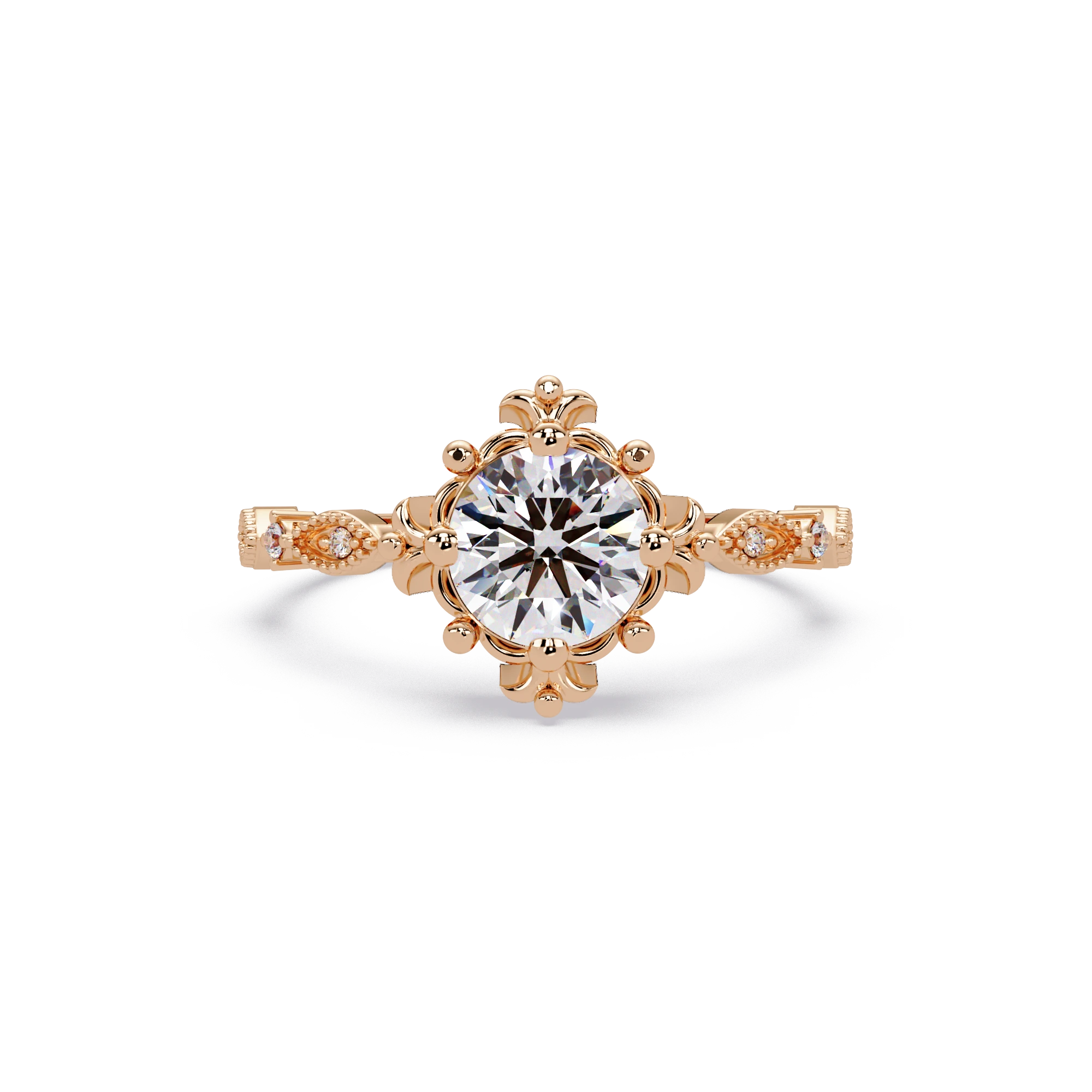 Round Cut Lab Grown Diamond Engagement Ring Vintage Floral Halo Solitaire with Ornate Yellow Gold Details