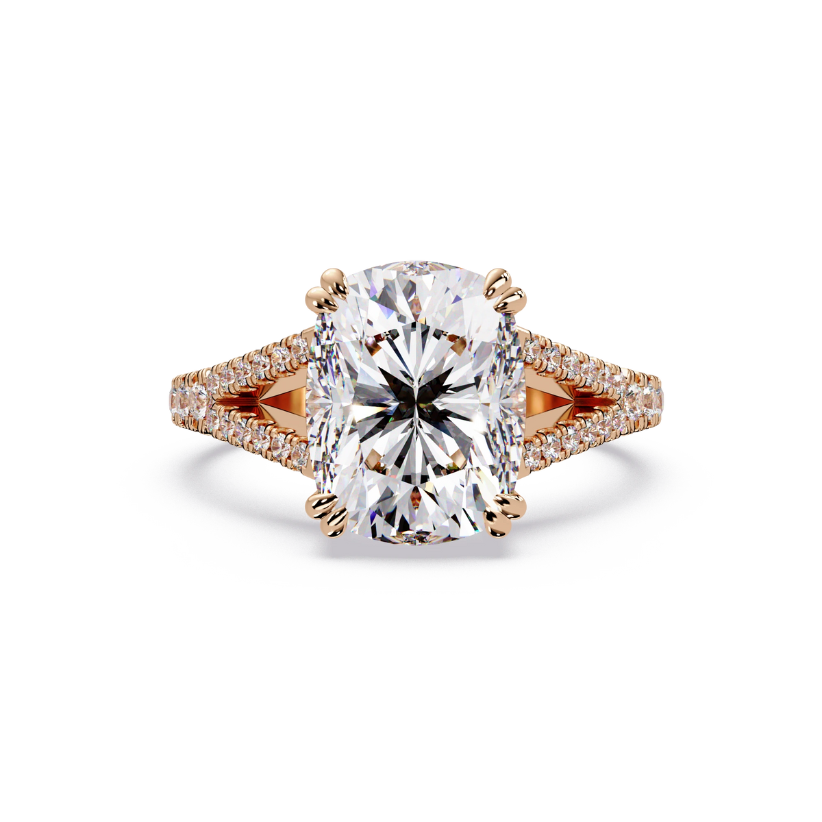 Elongated Cushion Cut Lab Grown Diamond Engagement Ring Solitaire with Double Pavé Split Shank in Rose Gold