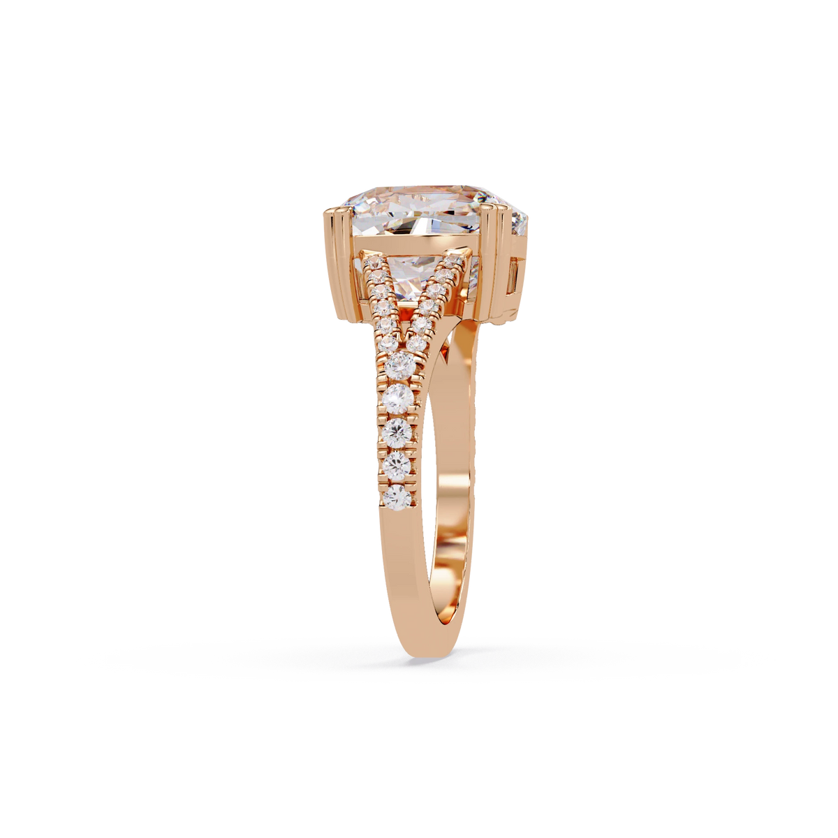 Elongated Cushion Cut Lab Grown Diamond Engagement Ring Solitaire with Double Pavé Split Shank in Rose Gold