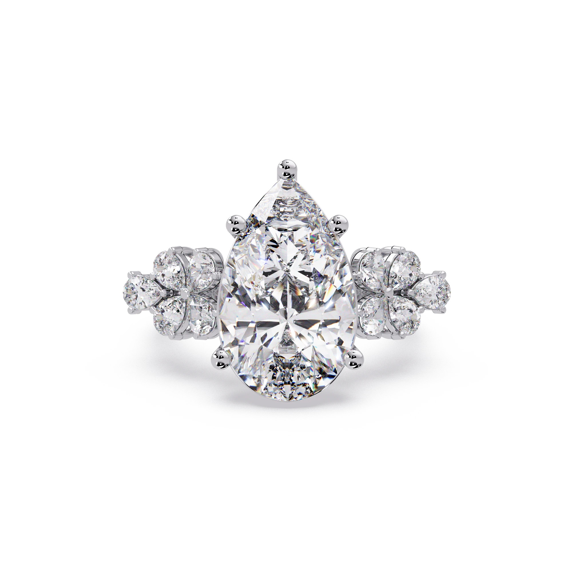 Pear Cut Lab Grown Diamond Engagement Ring Pear Cut Floral Cluster Ring with Pavé Diamond Side Accents