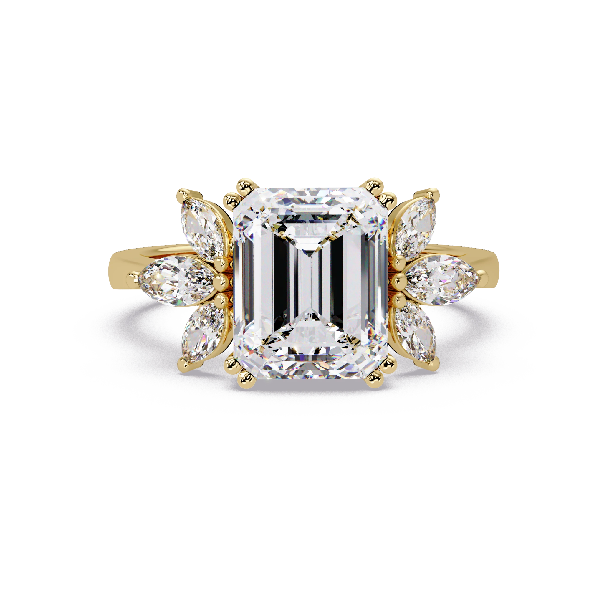 Emerald Cut Lab Grown Diamond Engagement Ring Floral Marquise Halo Gold Ring