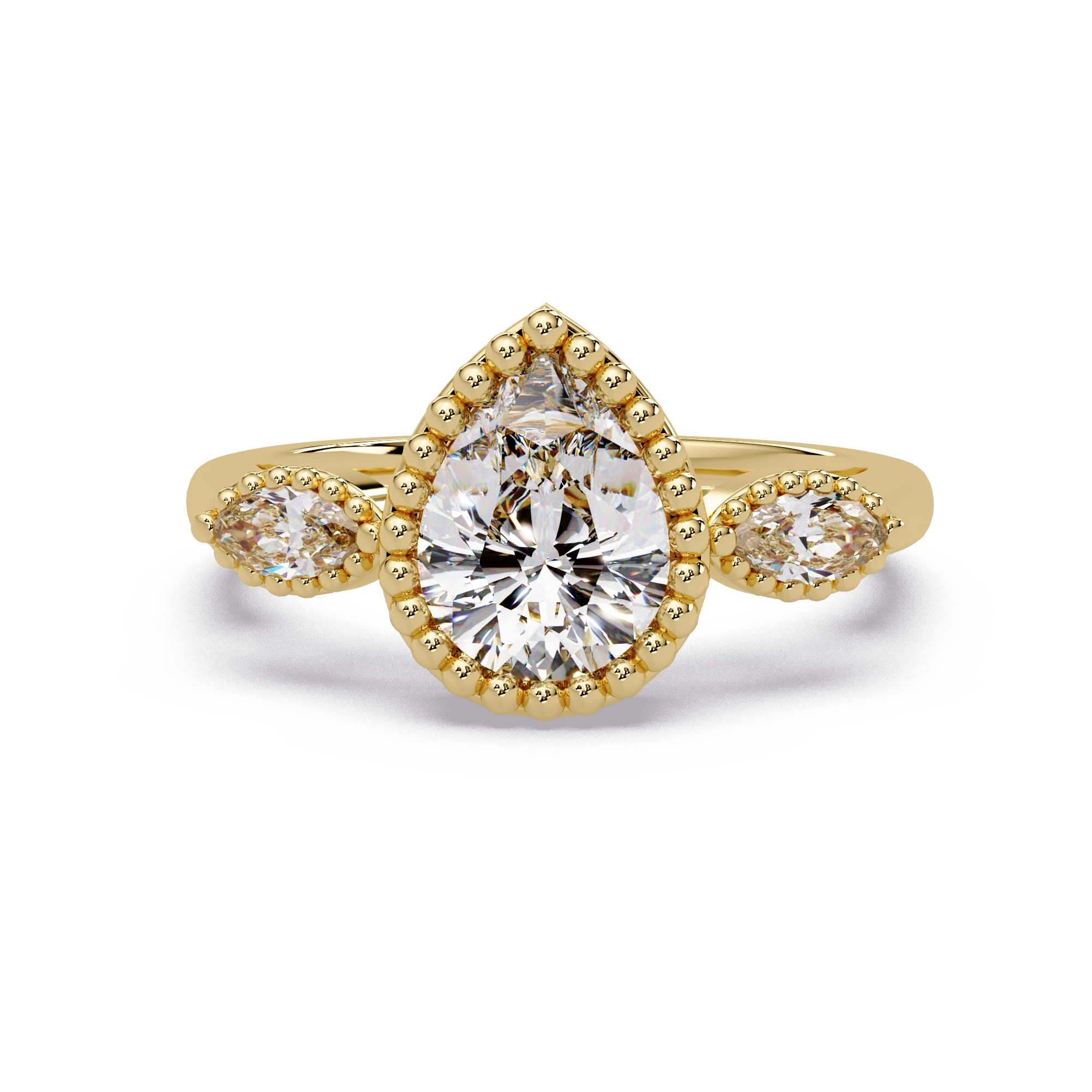 Pear Cut Lab Grown Diamond Engagement Ring Beaded Halo Three Stone Gold Ring
