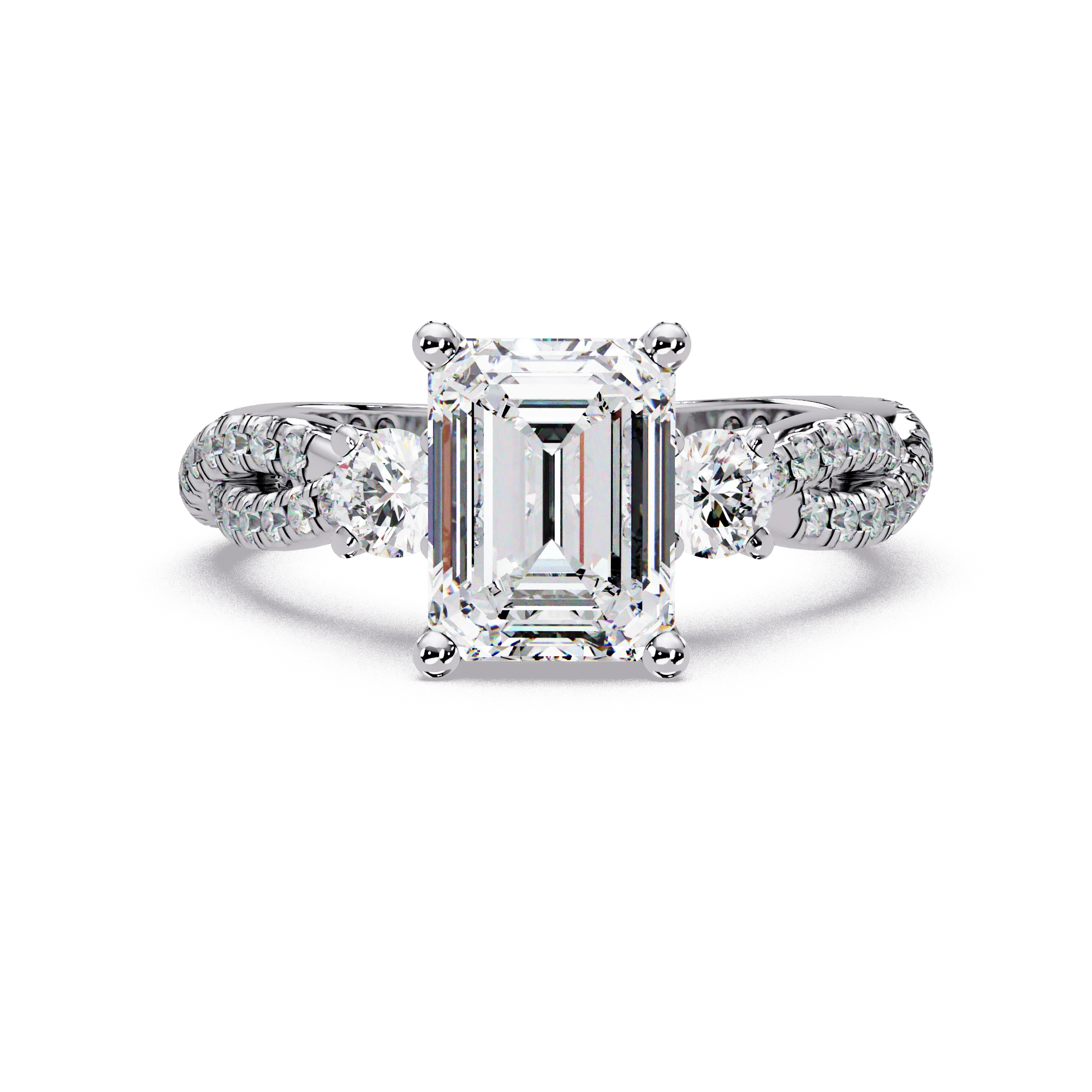 Emerald Cut Lab Grown Diamond Engagement Ring Pave Band Three Stone White Gold Ring