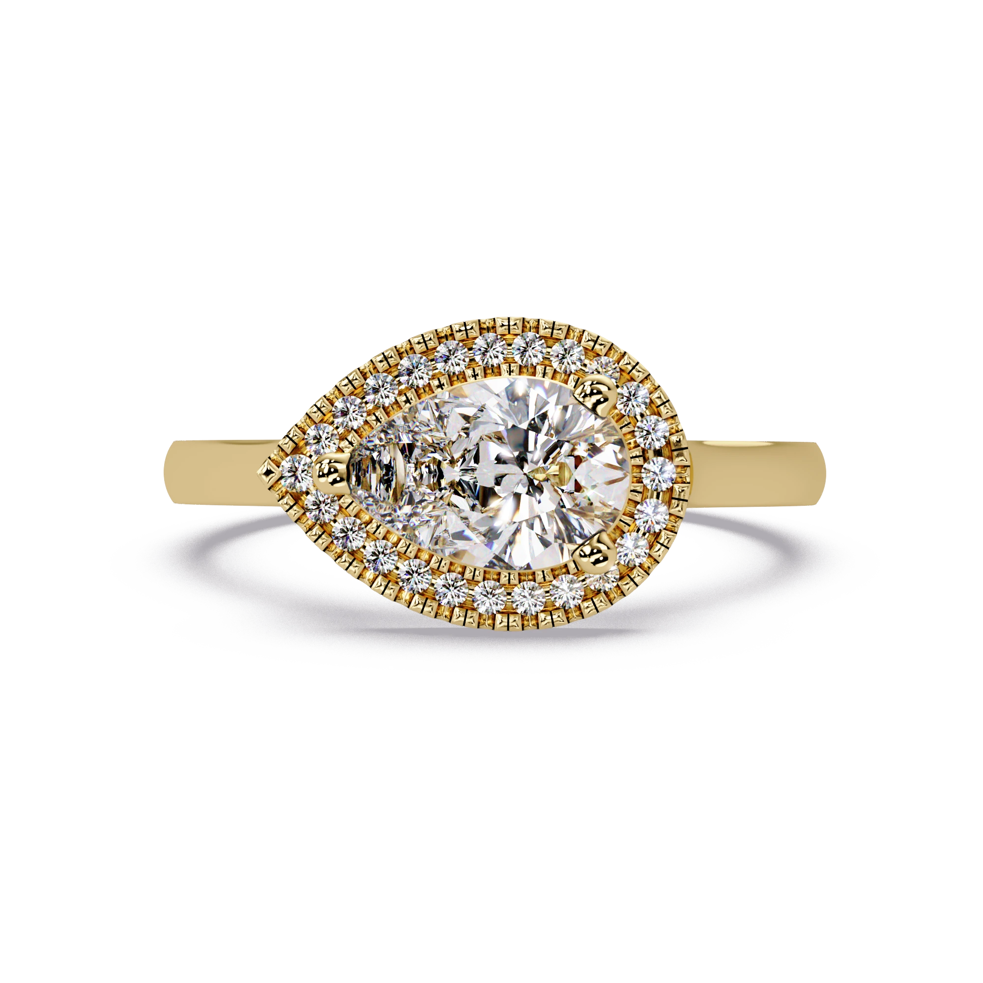 Pear Cut Lab Grown Diamond Engagement Ring Double Halo Pavé Gold Statement Ring
