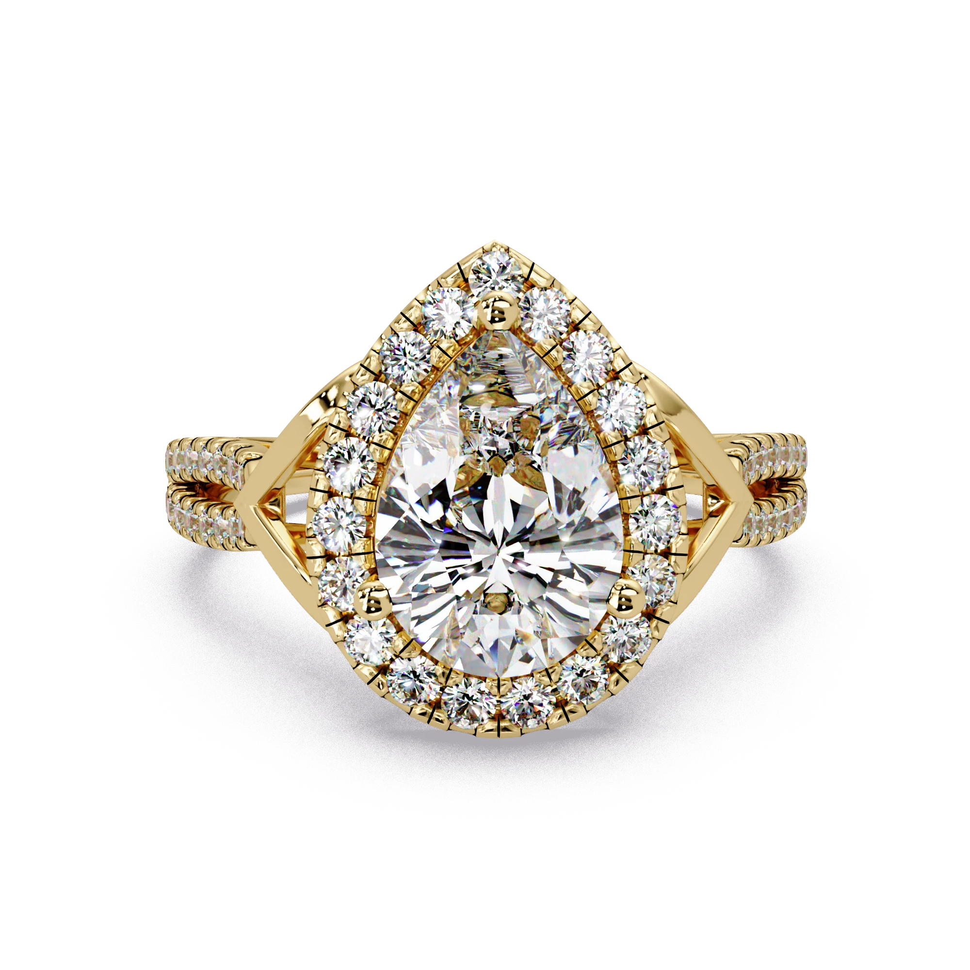Pear Cut Lab Grown Diamond Engagement Ring Halo Pave Vintage Inspired Gold Ring