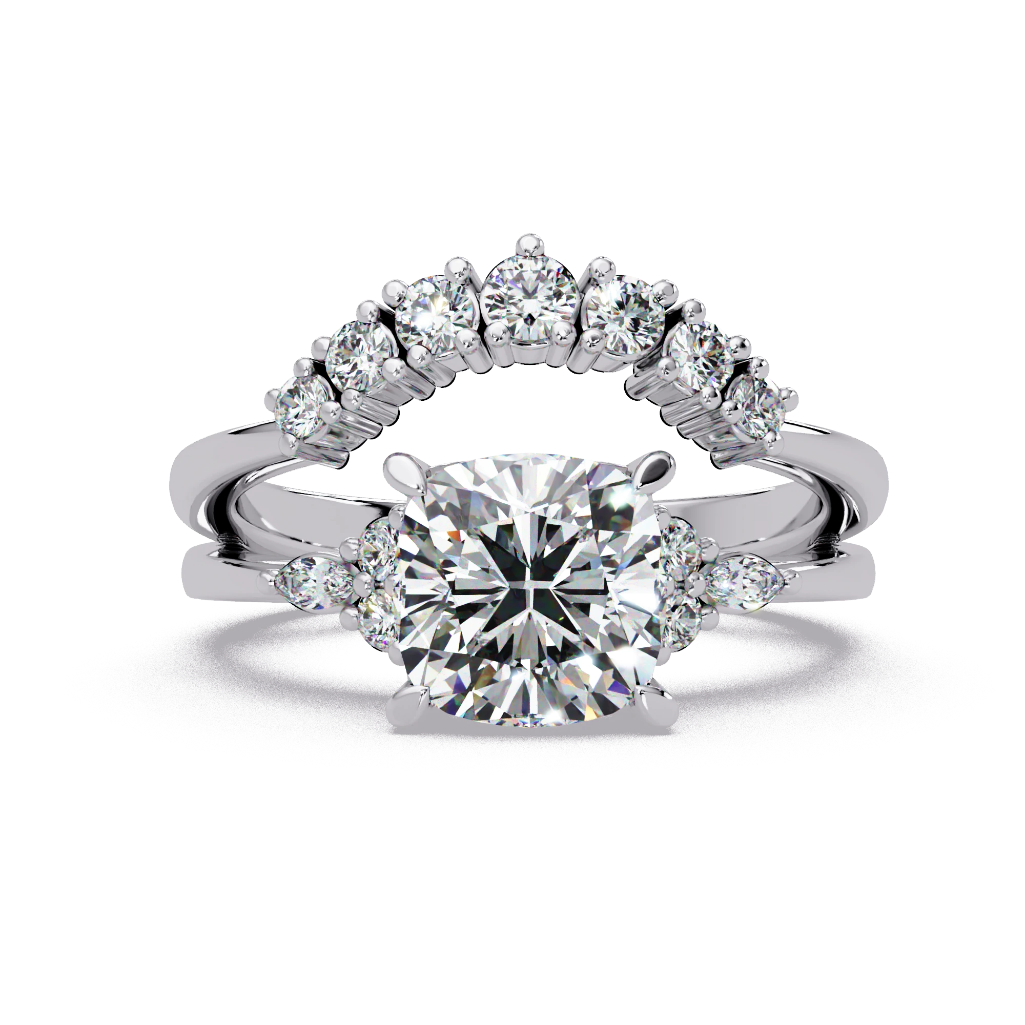 Cushion Cut Lab Grown Diamond Engagement Ring | Curved Pavé Halo Bridal Set with Sparkling Wedding Band