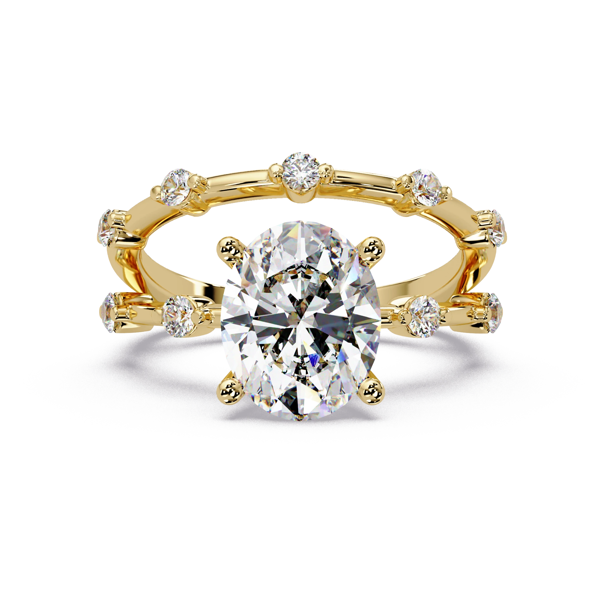 Oval Lab Grown Diamond Engagement Ring Three Stone Pave Bridal Set with Curved Diamond Band