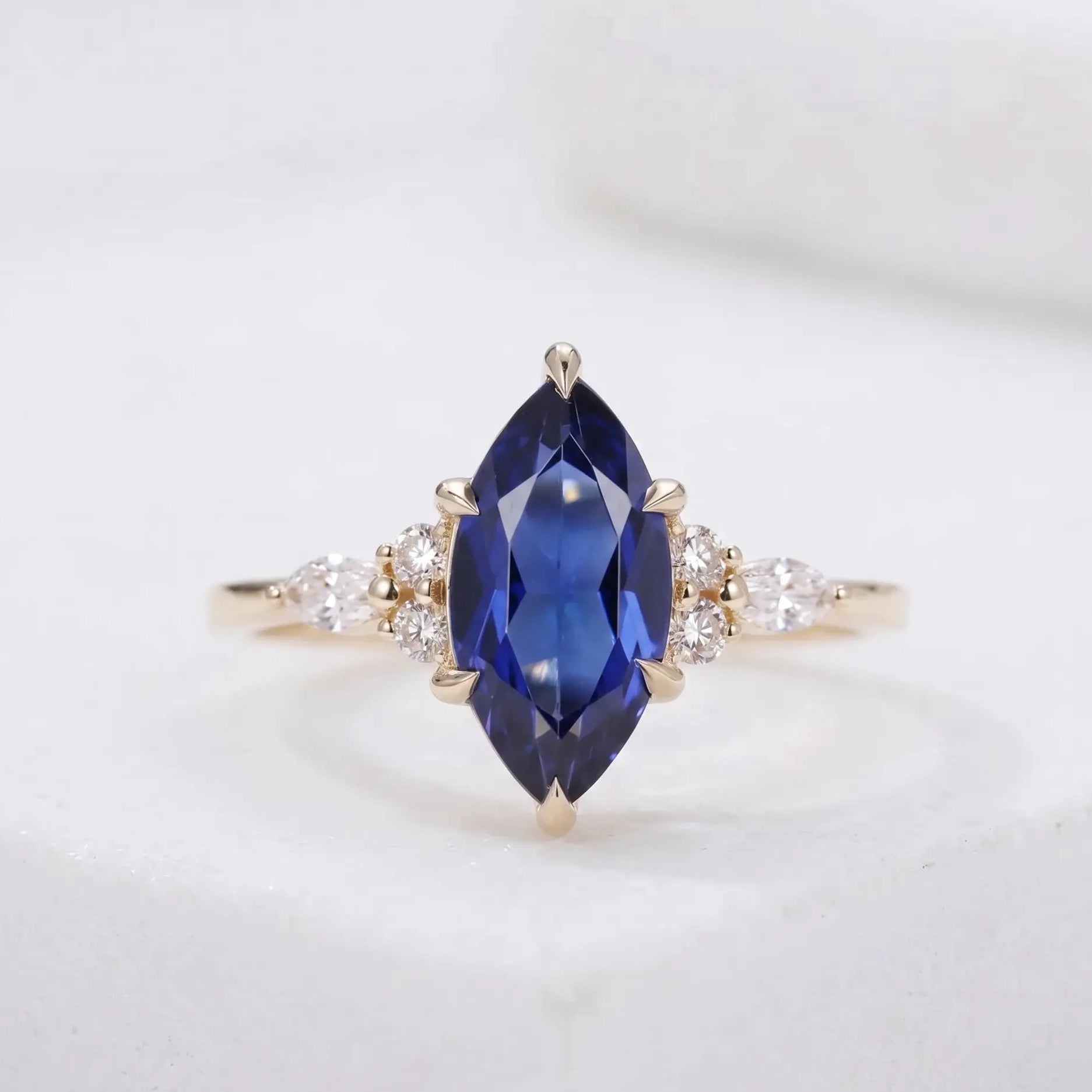 Marquise Blue Sapphire Engagement Ring Diamond Accent Sapphire Ring Marquise Cut Blue Gemstone Ring Unique Bridal Jewelry