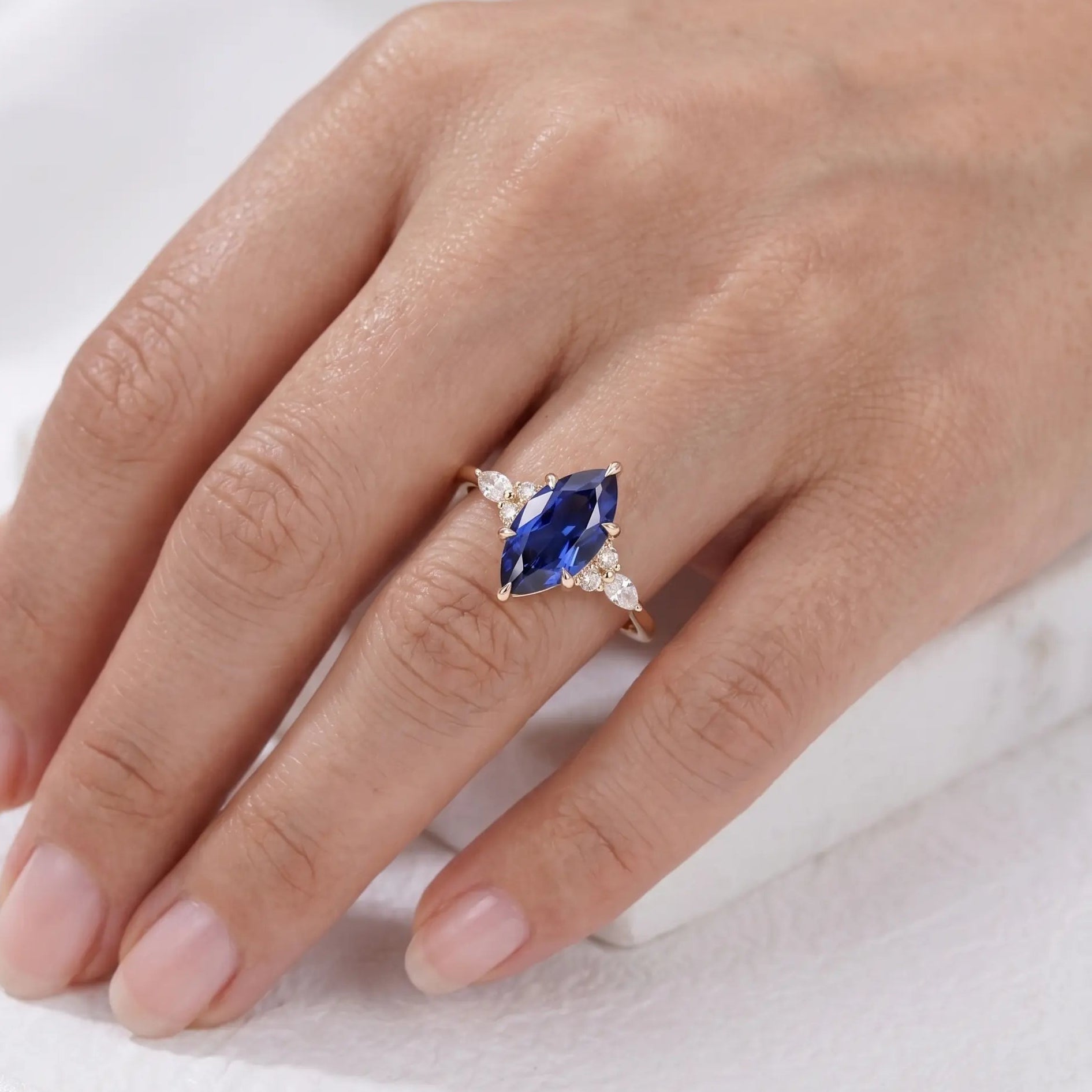 Marquise Blue Sapphire Engagement Ring Diamond Accent Sapphire Ring Marquise Cut Blue Gemstone Ring Unique Bridal Jewelry