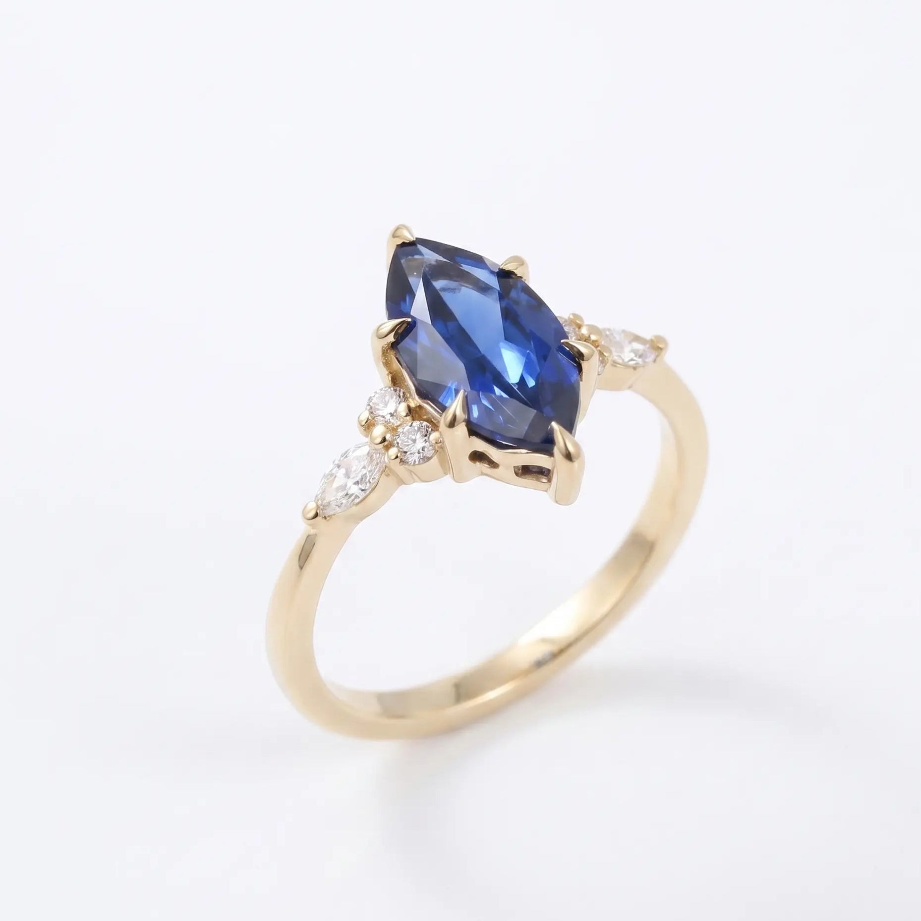 Marquise Blue Sapphire Engagement Ring Diamond Accent Sapphire Ring Marquise Cut Blue Gemstone Ring Unique Bridal Jewelry