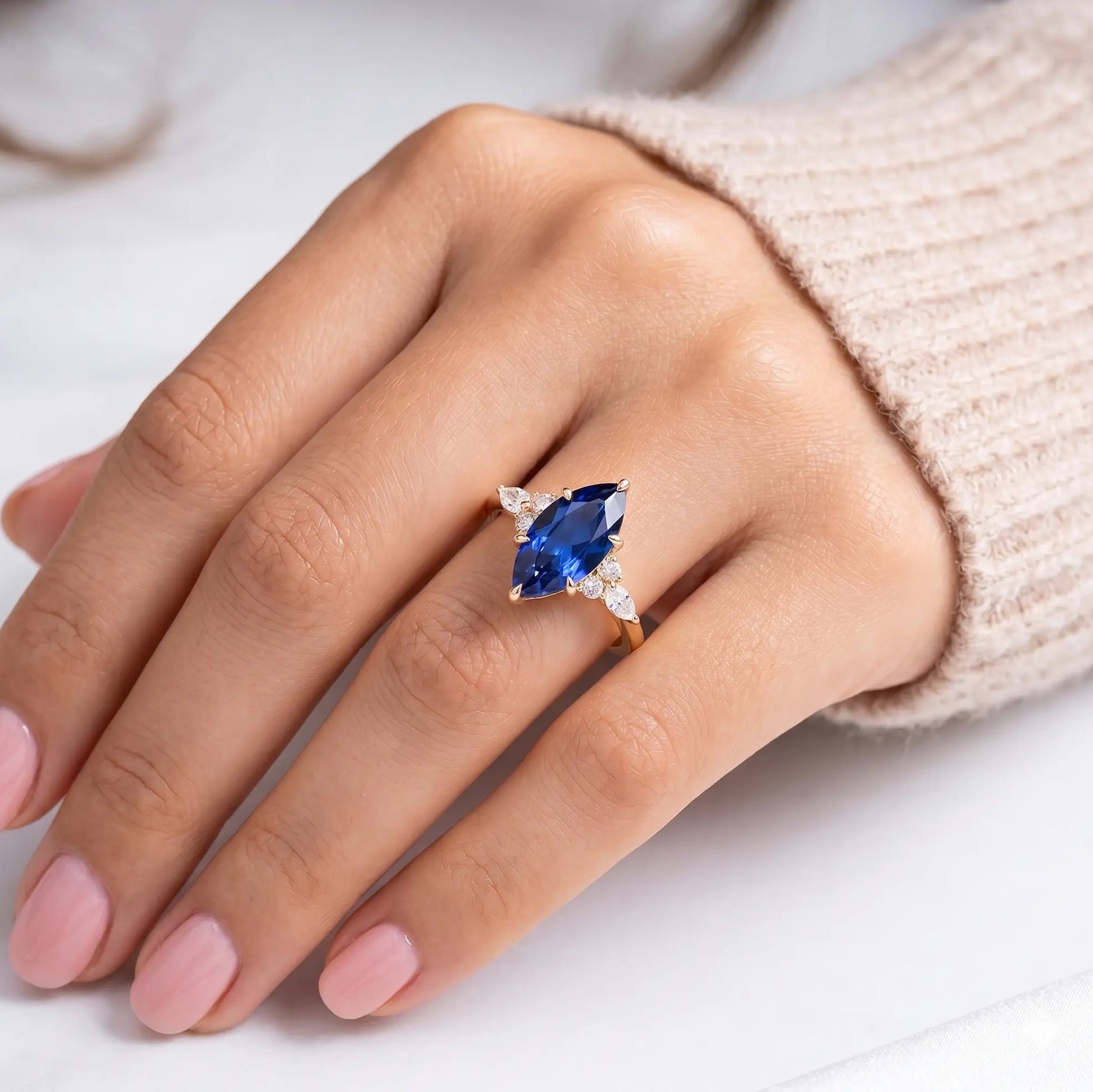 Marquise Blue Sapphire Engagement Ring Diamond Accent Sapphire Ring Marquise Cut Blue Gemstone Ring Unique Bridal Jewelry