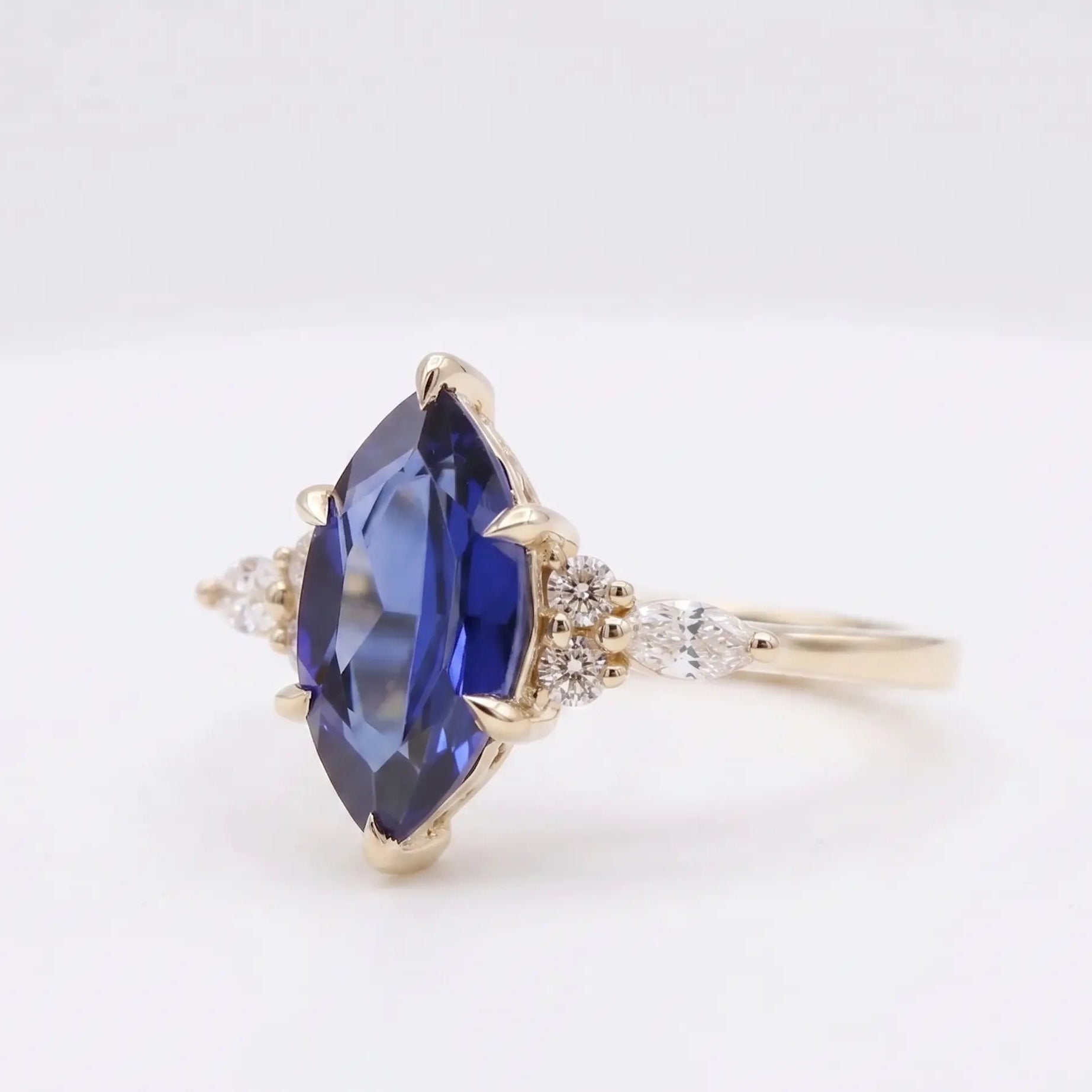Marquise Blue Sapphire Engagement Ring Diamond Accent Sapphire Ring Marquise Cut Blue Gemstone Ring Unique Bridal Jewelry