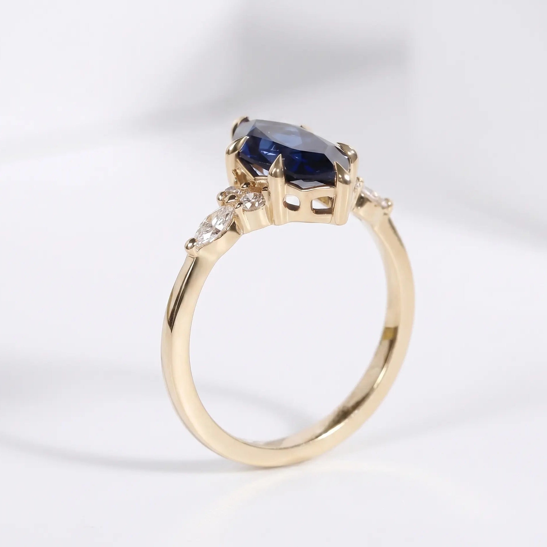 Marquise Blue Sapphire Engagement Ring Diamond Accent Sapphire Ring Marquise Cut Blue Gemstone Ring Unique Bridal Jewelry