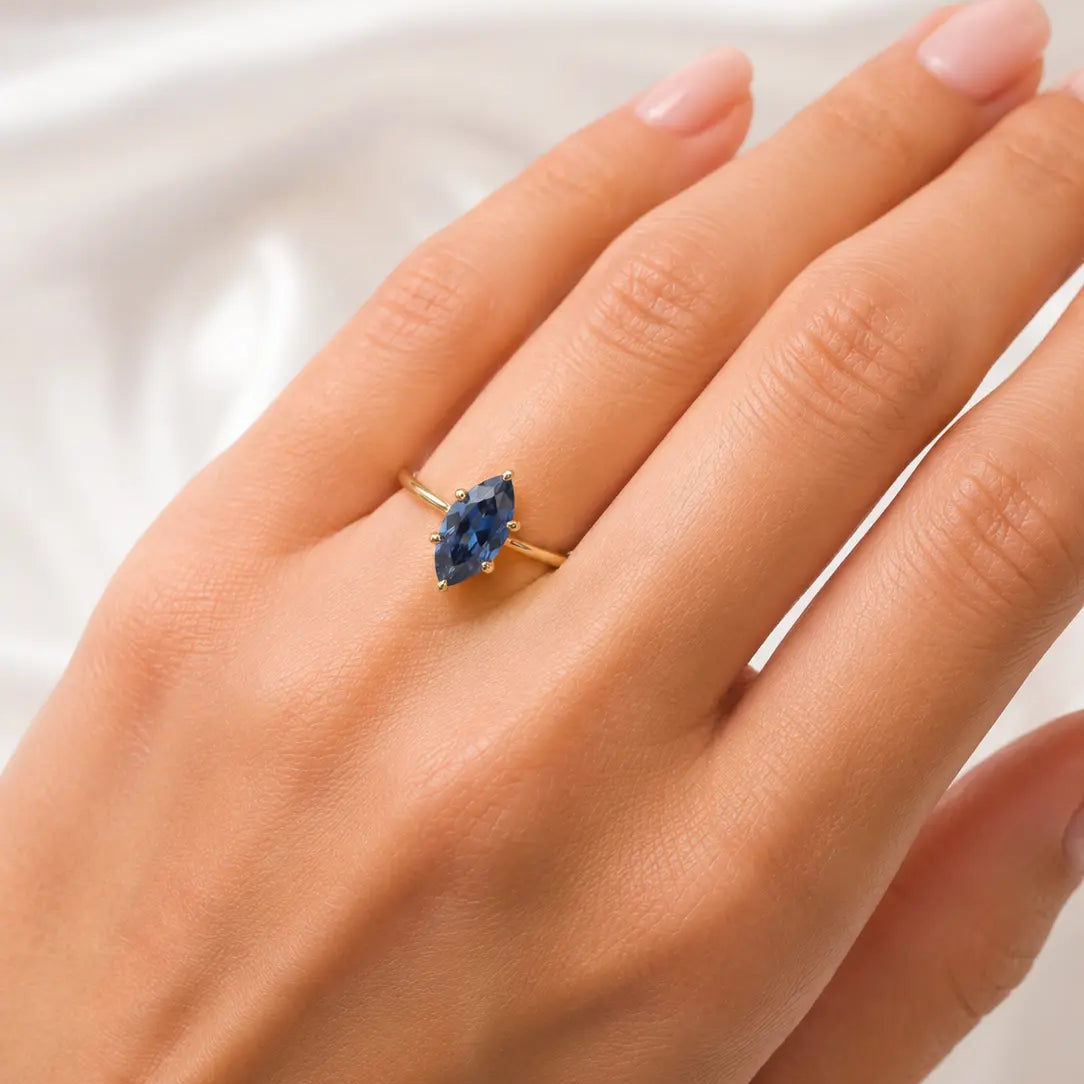 Marquise Blue Sapphire Solitaire Ring Engagement Ring  Unique Bridal Jewellery