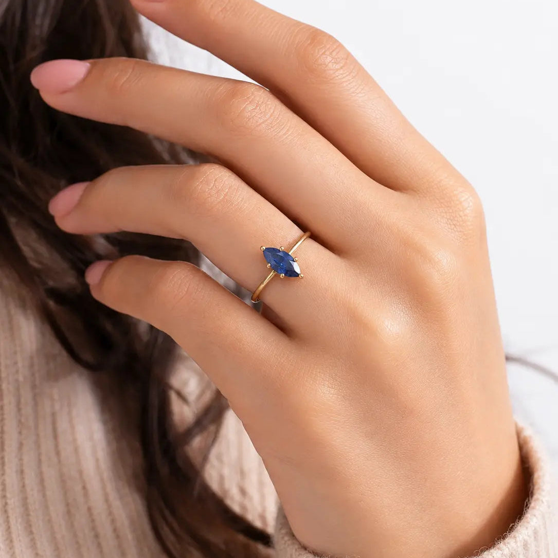 Marquise Blue Sapphire Solitaire Ring Lab Grown Diamond Engagement Ring Unique Bridal Jewellery