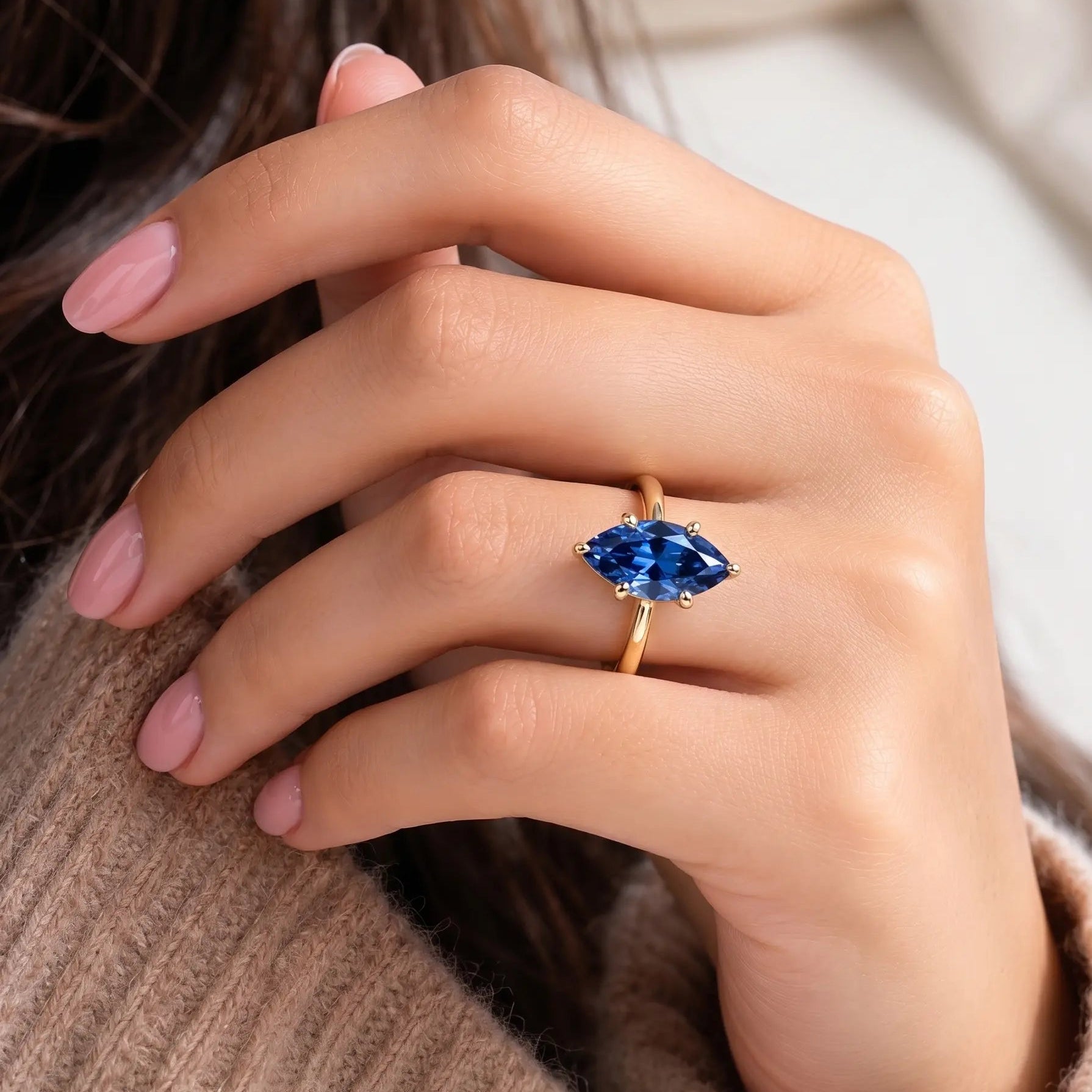 Marquise Blue Sapphire Solitaire Ring Engagement Ring  Unique Bridal Jewellery