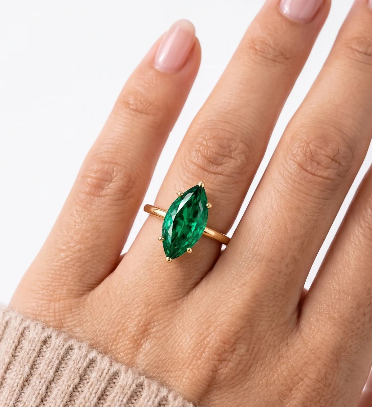 Marquise Cut Lab Grown Emerald Solitaire Engagement Ring – Elegant Inspired Statement Ring