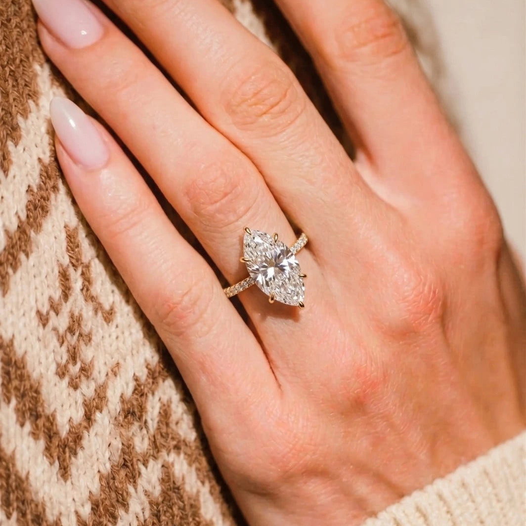Marquise Cut Moissanite Engagement Ring with Pavé Band – Elegant Solitaire Promise Ring, Unique Bridal Jewelry