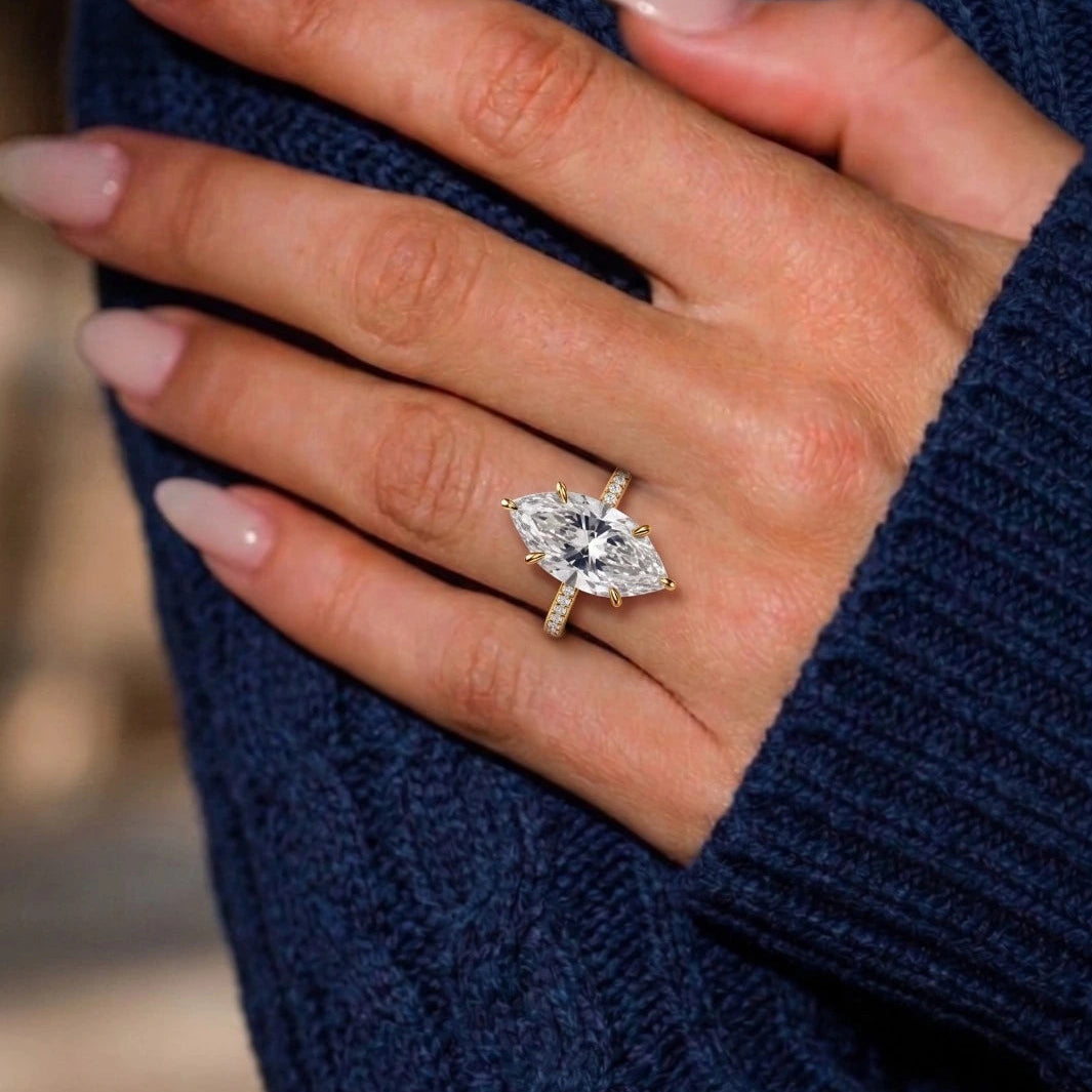 Marquise Cut Moissanite Engagement Ring with Pavé Band – Elegant Solitaire Promise Ring, Unique Bridal Jewelry