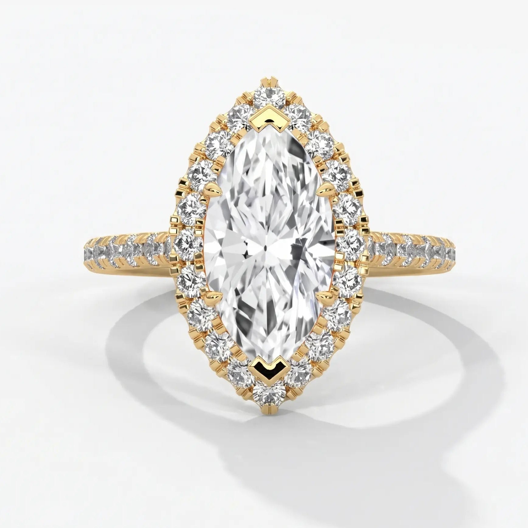 Marquise Cut Moissanite Halo Engagement Ring, Bridal Ring, Pave Band Promise Ring