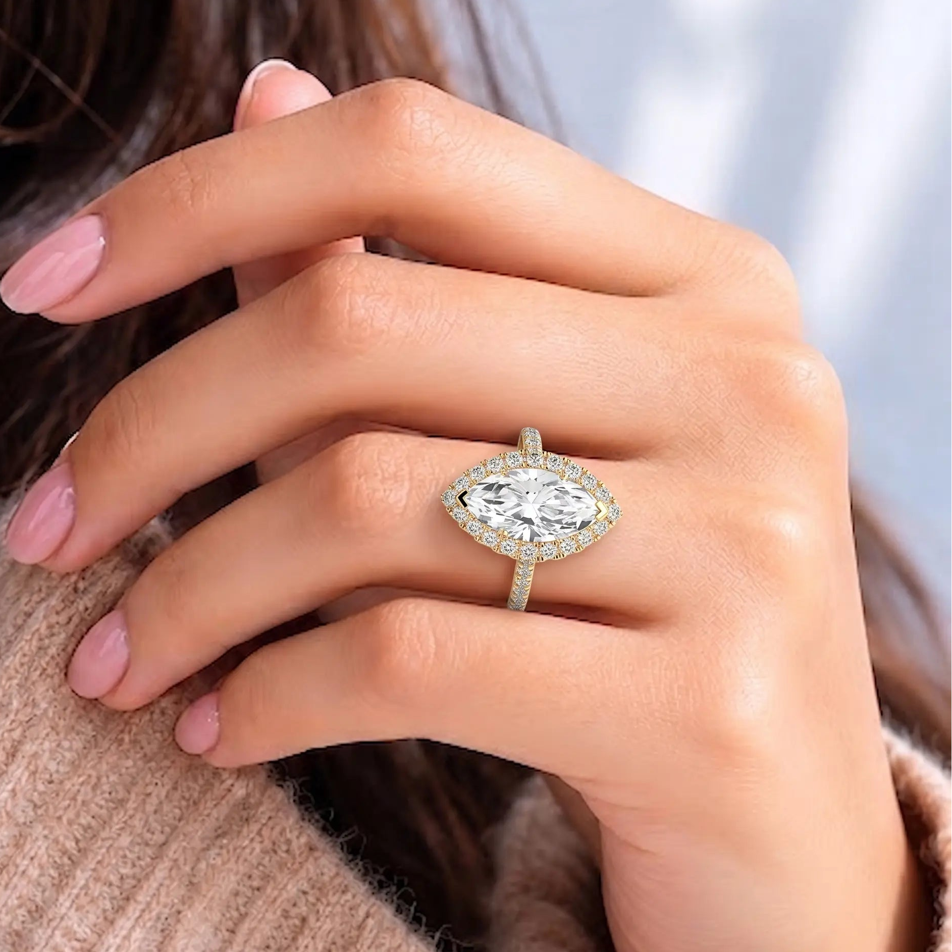 Marquise Cut Moissanite Halo Engagement Ring, Bridal Ring, Pave Band Promise Ring