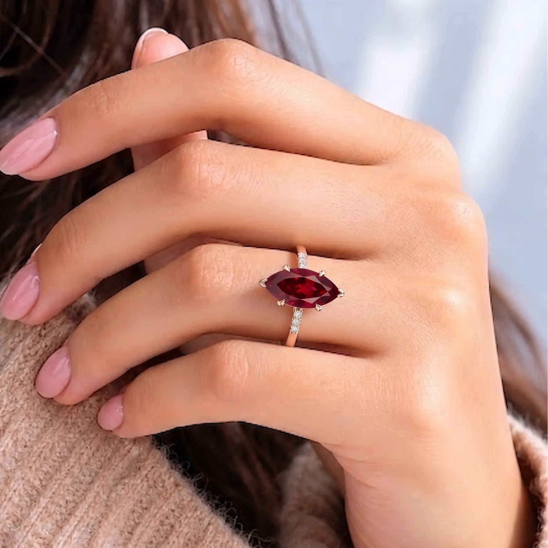 Marquise Cut Red Ruby Minimalist Engagement Ring with Diamond Accents, Dainty Ruby Solitaire Ring, Elegant Gemstone Ring for Women