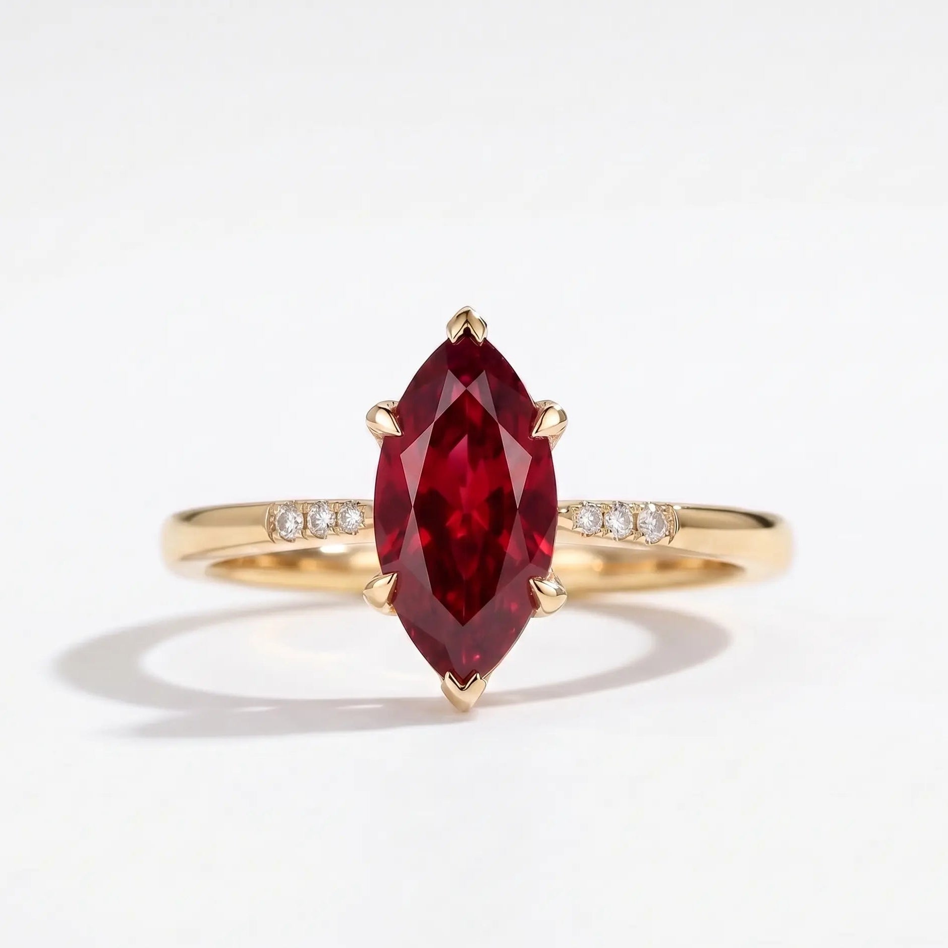 Marquise Cut Red Ruby Minimalist Engagement Ring with Diamond Accents, Dainty Ruby Solitaire Ring, Elegant Gemstone Ring for Women