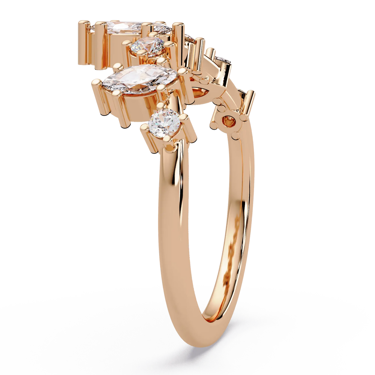 Marquise Diamond Curved Wedding Band & Crown Inspired Diamond Stacking Ring