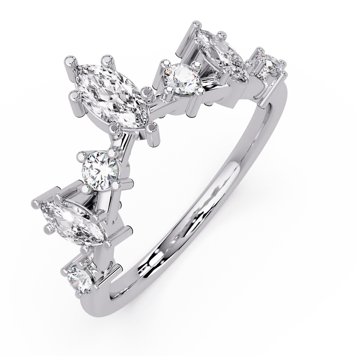 Marquise Diamond Curved Wedding Band & Crown Inspired Diamond Stacking Ring