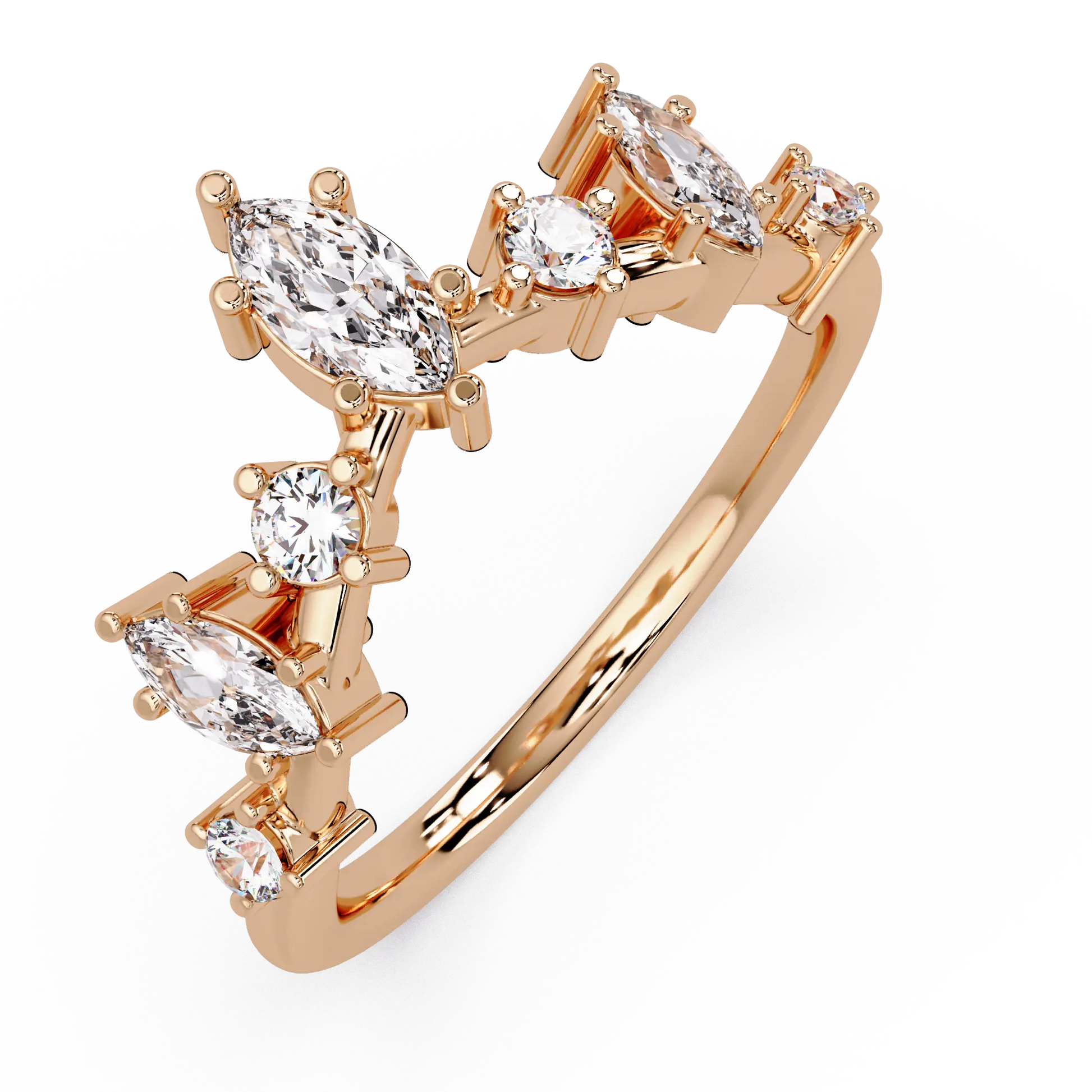 Marquise Diamond Curved Wedding Band & Crown Inspired Diamond Stacking Ring