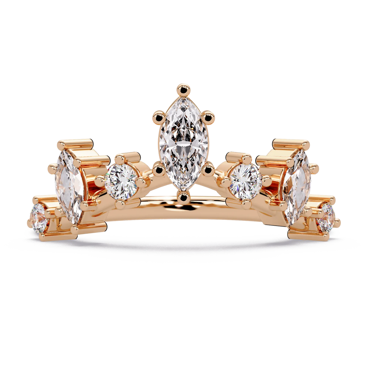 Marquise Diamond Curved Wedding Band & Crown Inspired Diamond Stacking Ring