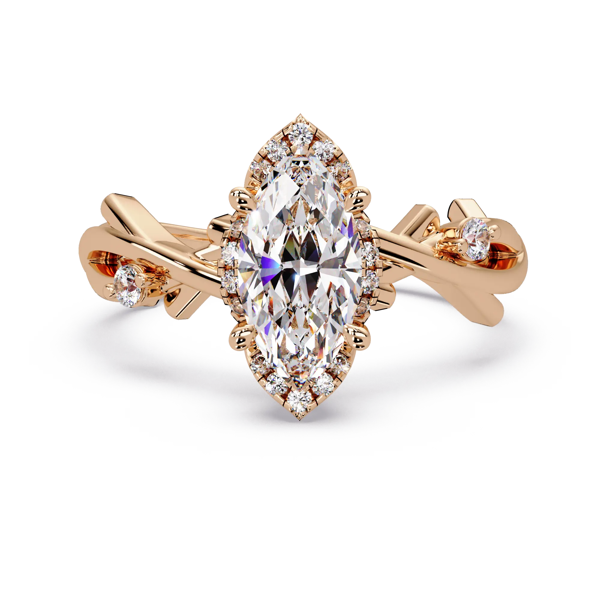 Marquise Diamond Halo Engagement Ring Twisted Infinity Rose Gold Ring