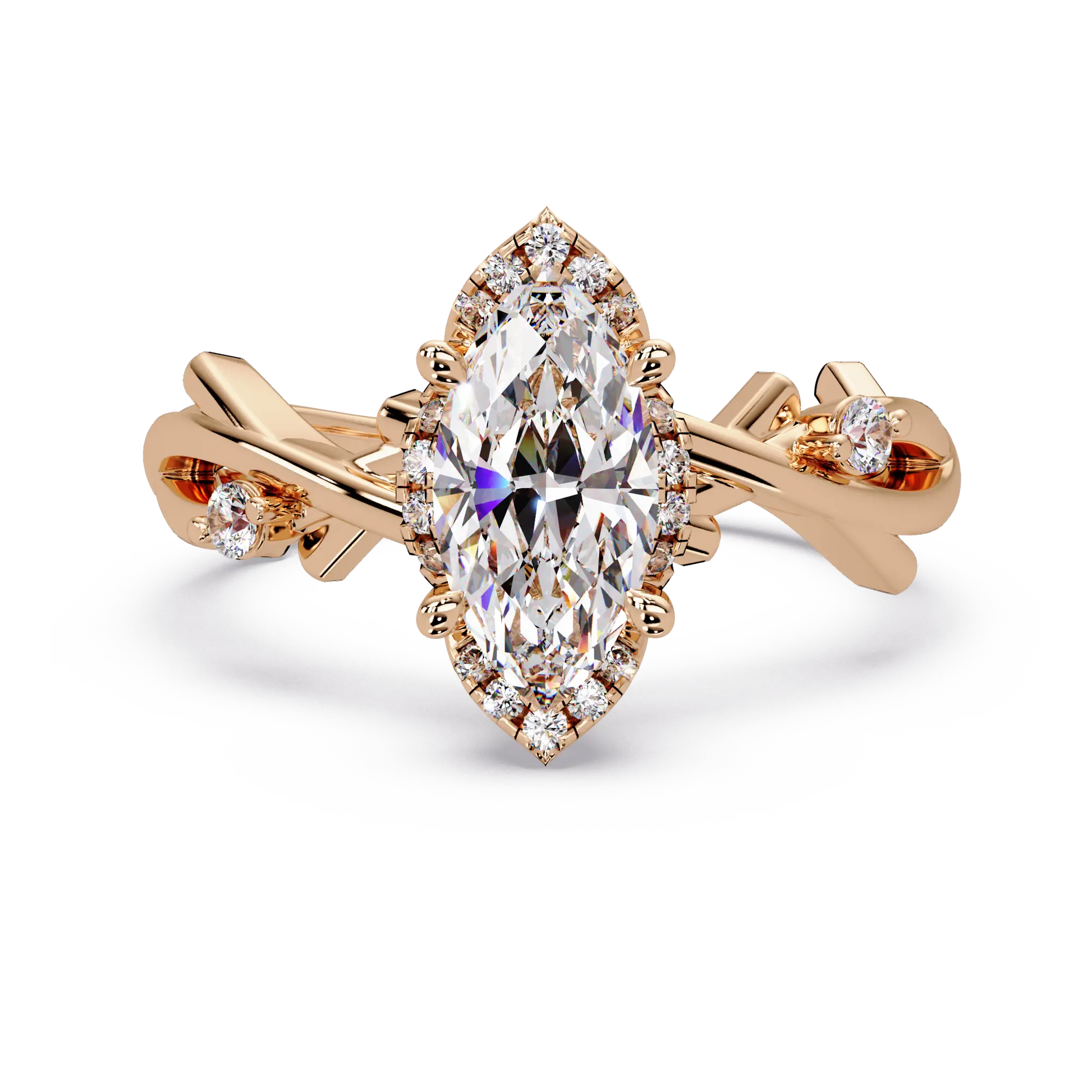 Marquise Diamond Halo Engagement Ring Twisted Infinity Rose Gold Ring