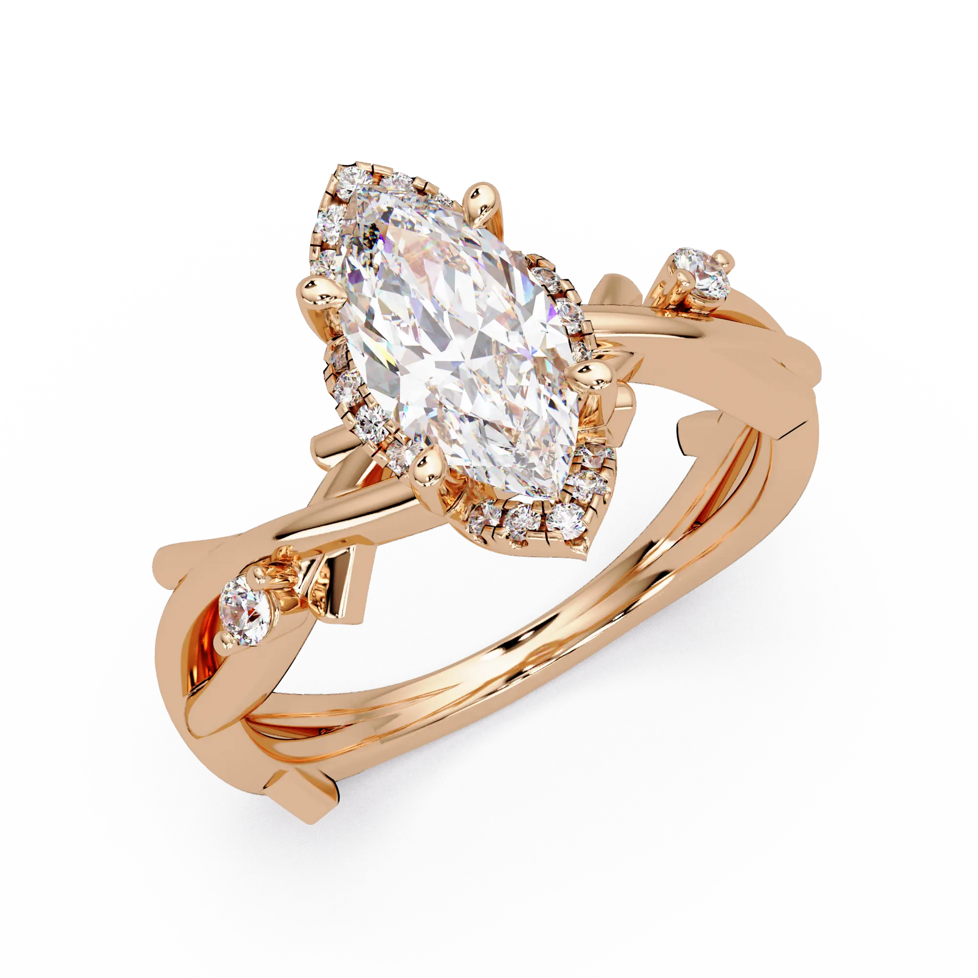 Marquise Diamond Halo Engagement Ring Twisted Infinity Rose Gold Ring