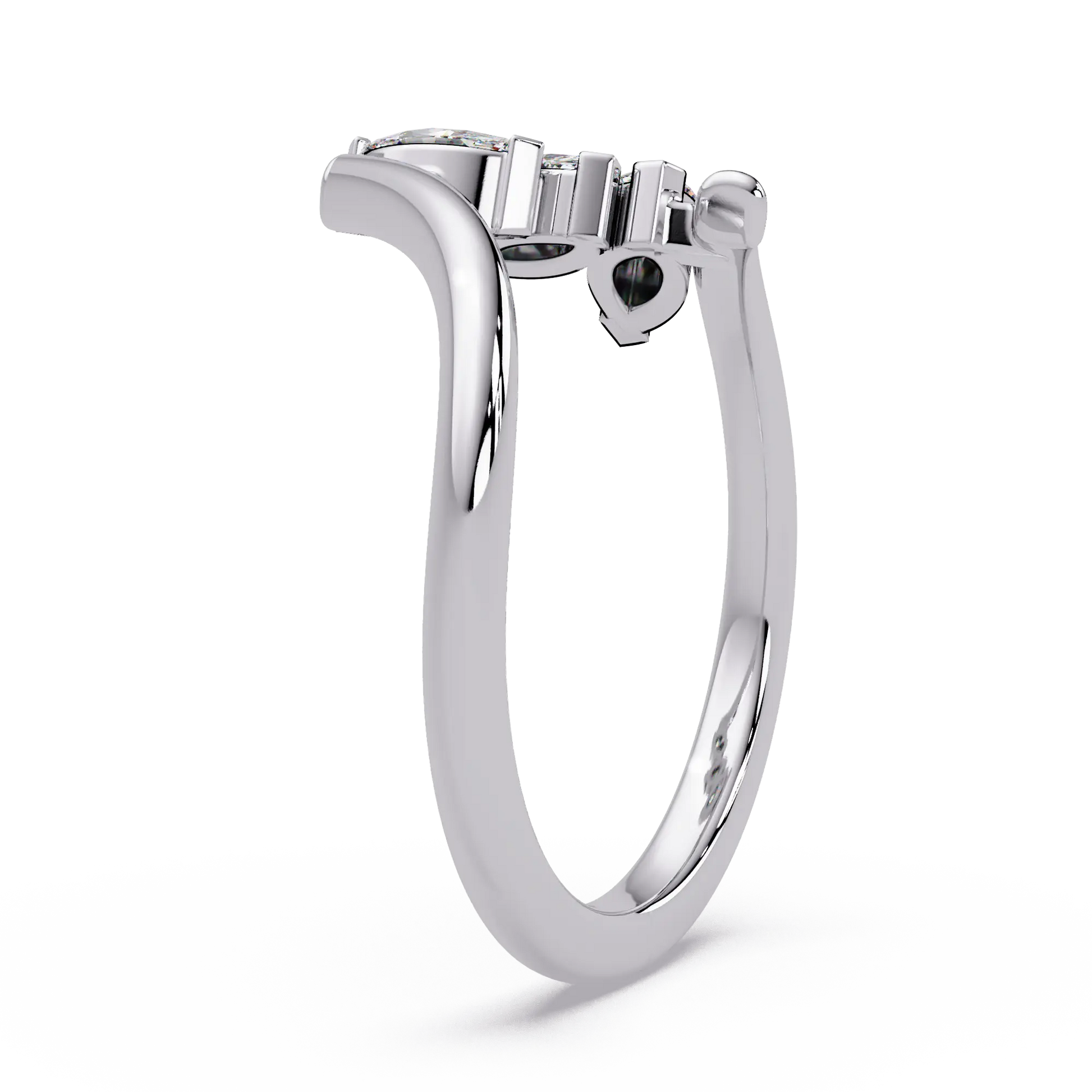 Round Lab Grown Diamond Chevron Wedding Band & Curved Marquise Accent Stackable Ring