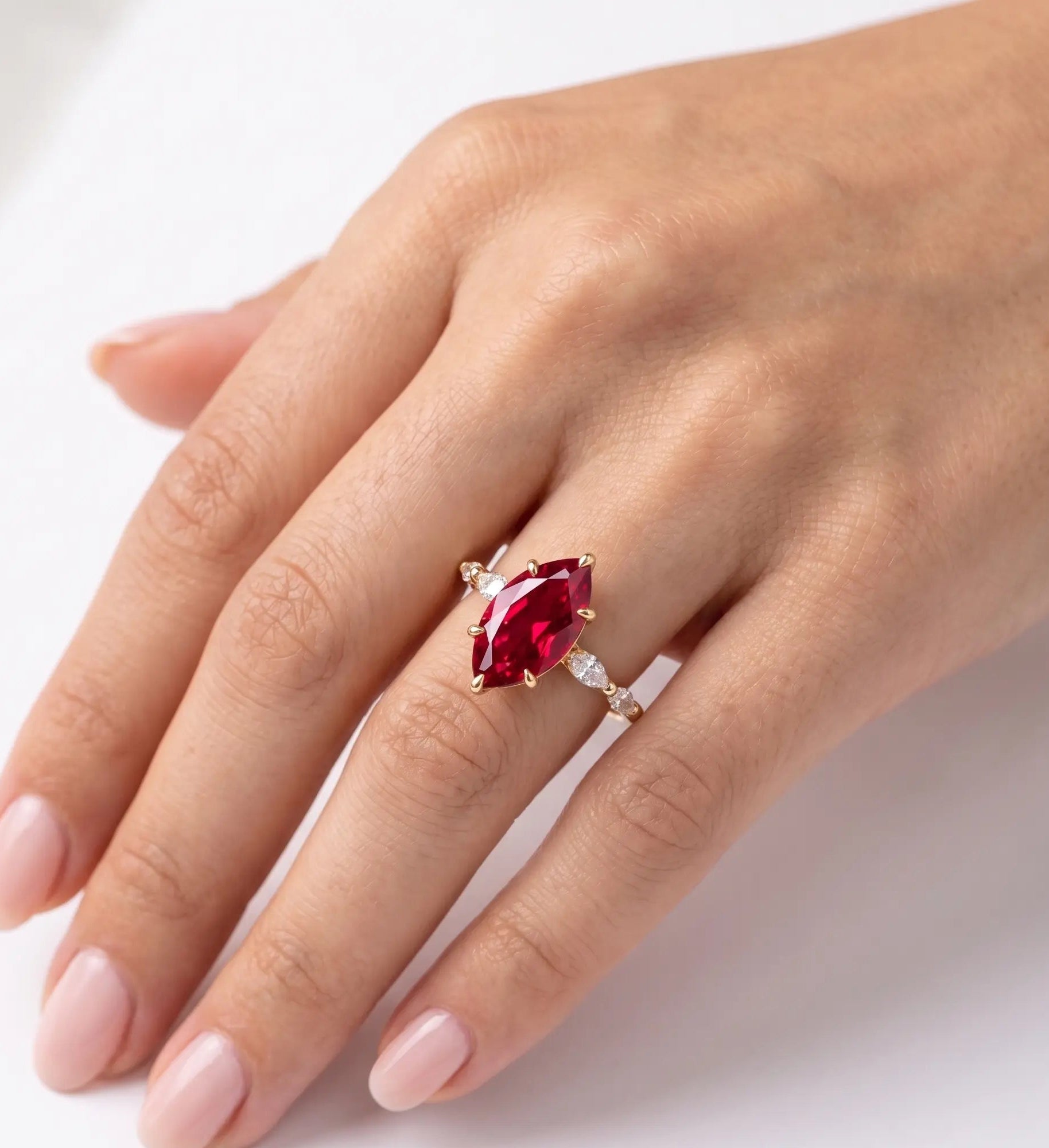 Marquise Red Ruby Ring, Ruby Engagement Ring, Diamond Accent Ring, Vintage Inspired Ruby Ring, Marquise Gemstone Ring, Fine Jewelry