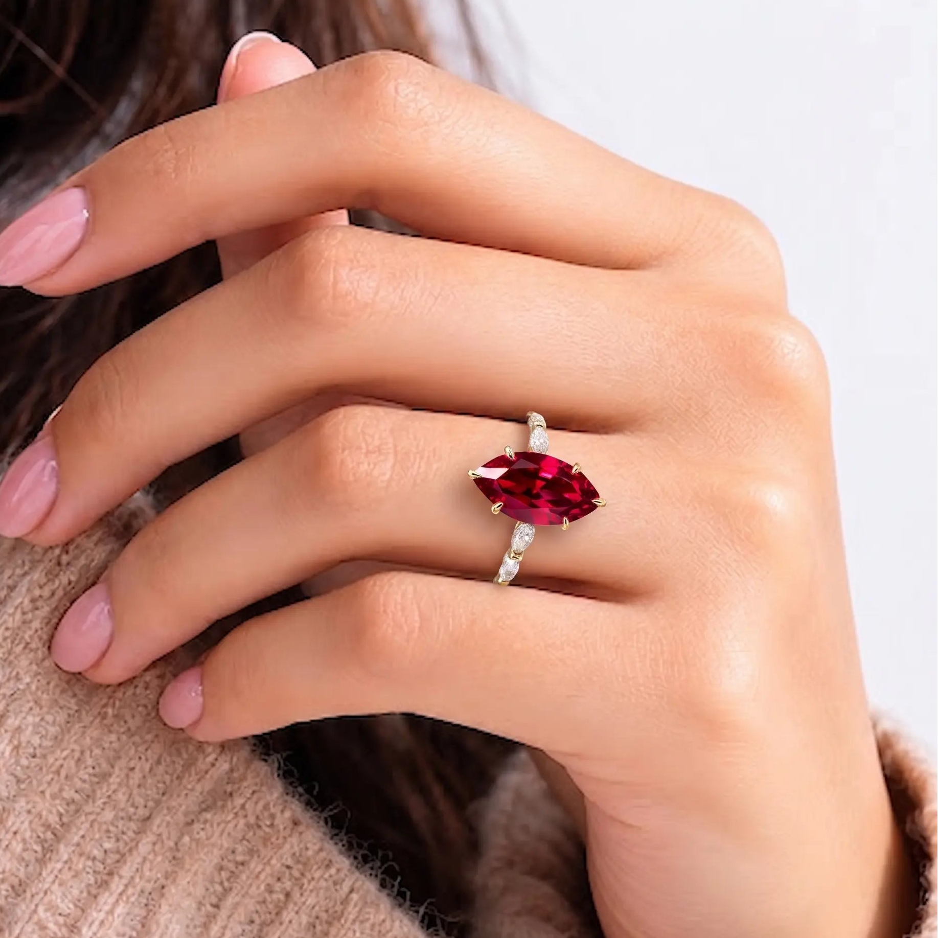 Marquise Red Ruby Ring, Ruby Engagement Ring, Diamond Accent Ring, Vintage Inspired Ruby Ring, Marquise Gemstone Ring, Fine Jewelry