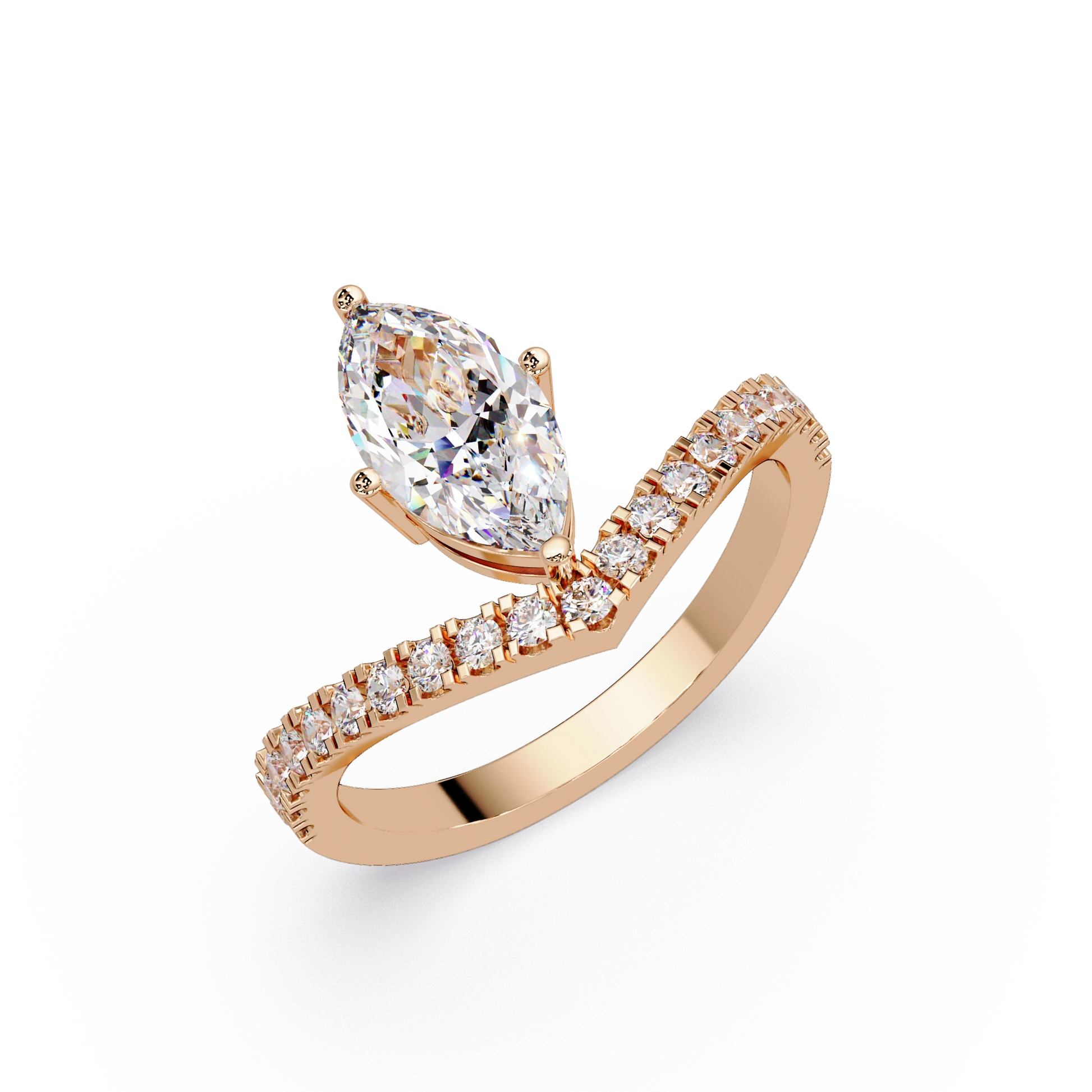 Marquise Cut Lab Grown Diamond Chevron Engagement Ring Rose Gold V Shaped Pavé Bridal Ring