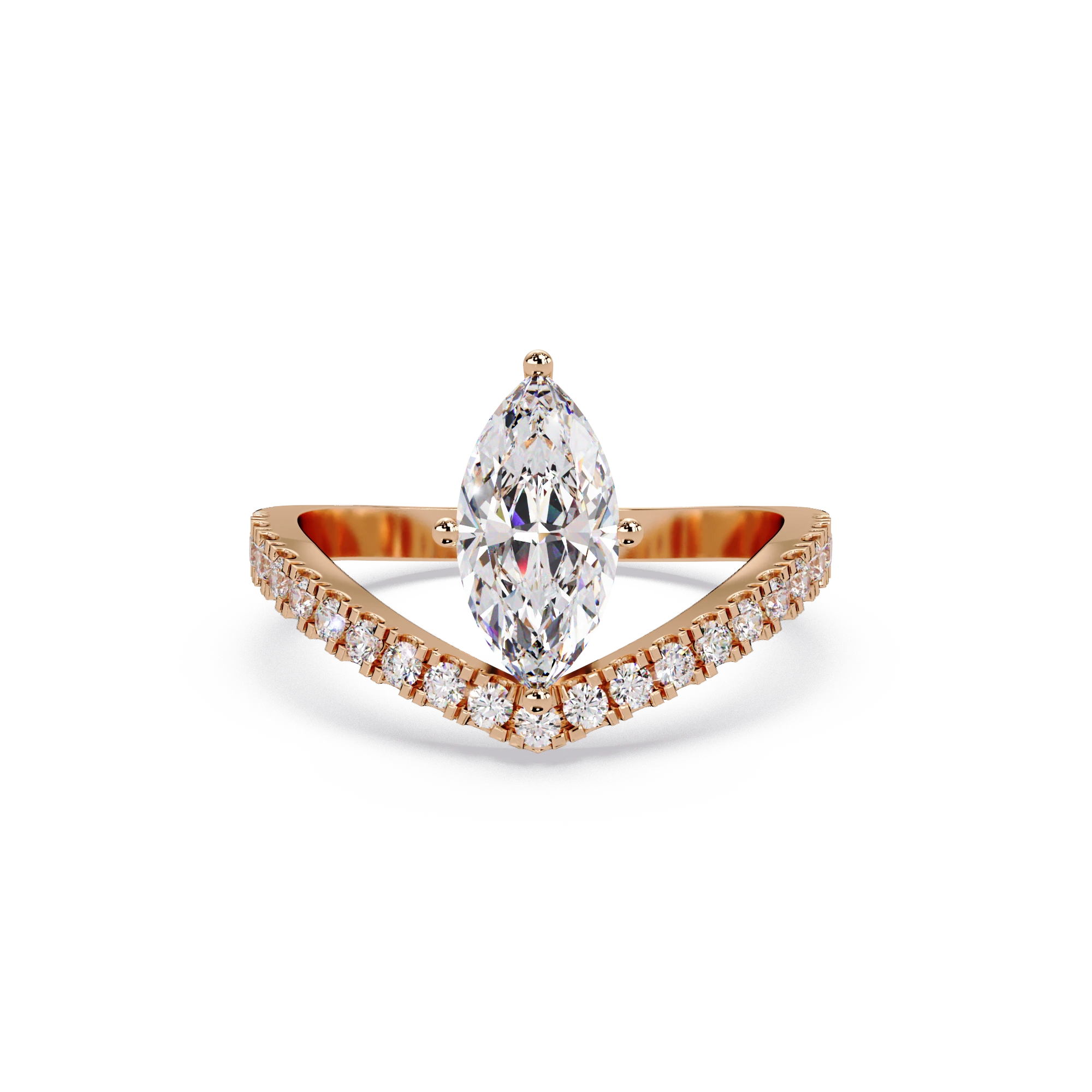 Marquise Cut Lab Grown Diamond Chevron Engagement Ring Rose Gold V Shaped Pavé Bridal Ring
