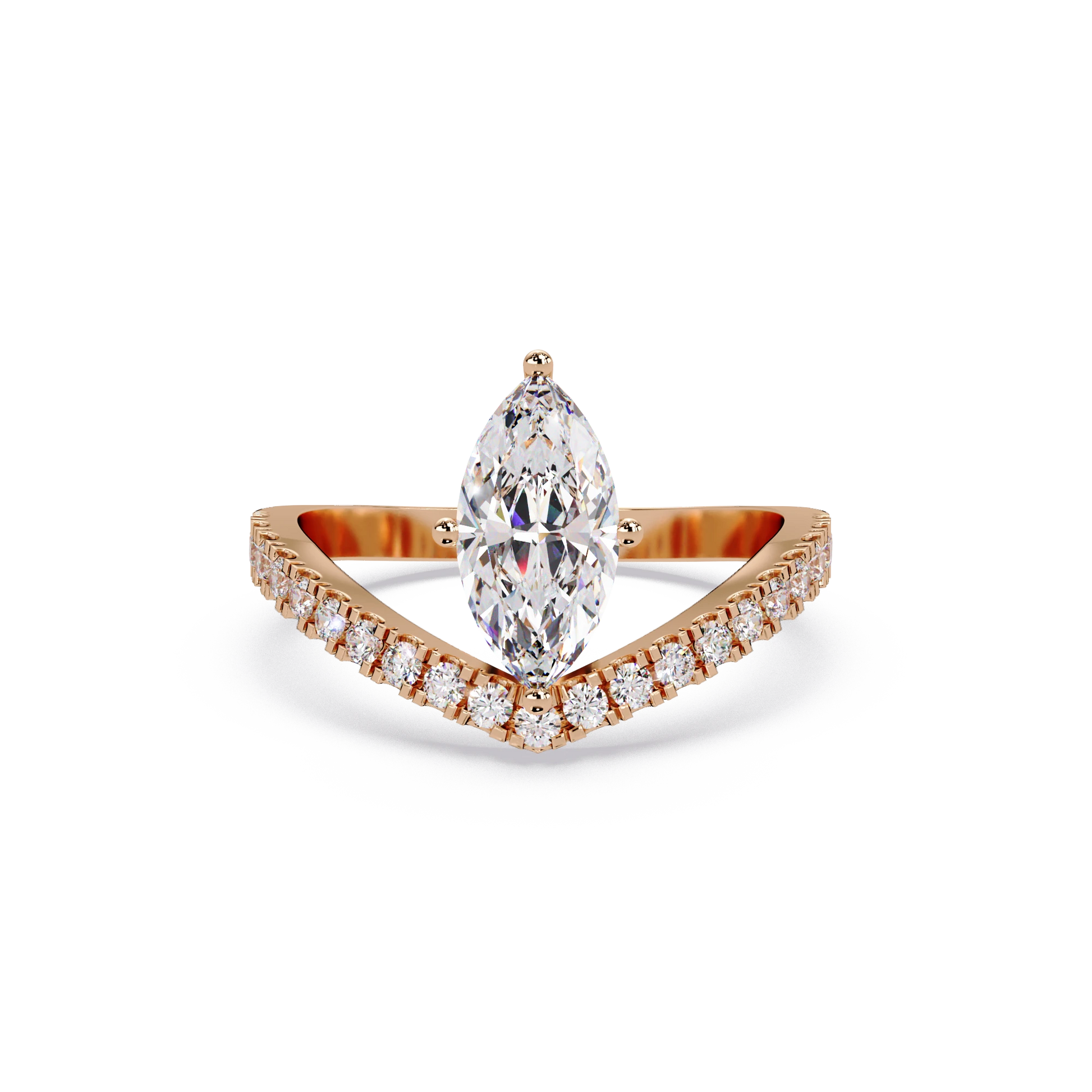 Marquise Cut Lab Grown Diamond Chevron Engagement Ring Rose Gold V Shaped Pavé Bridal Ring