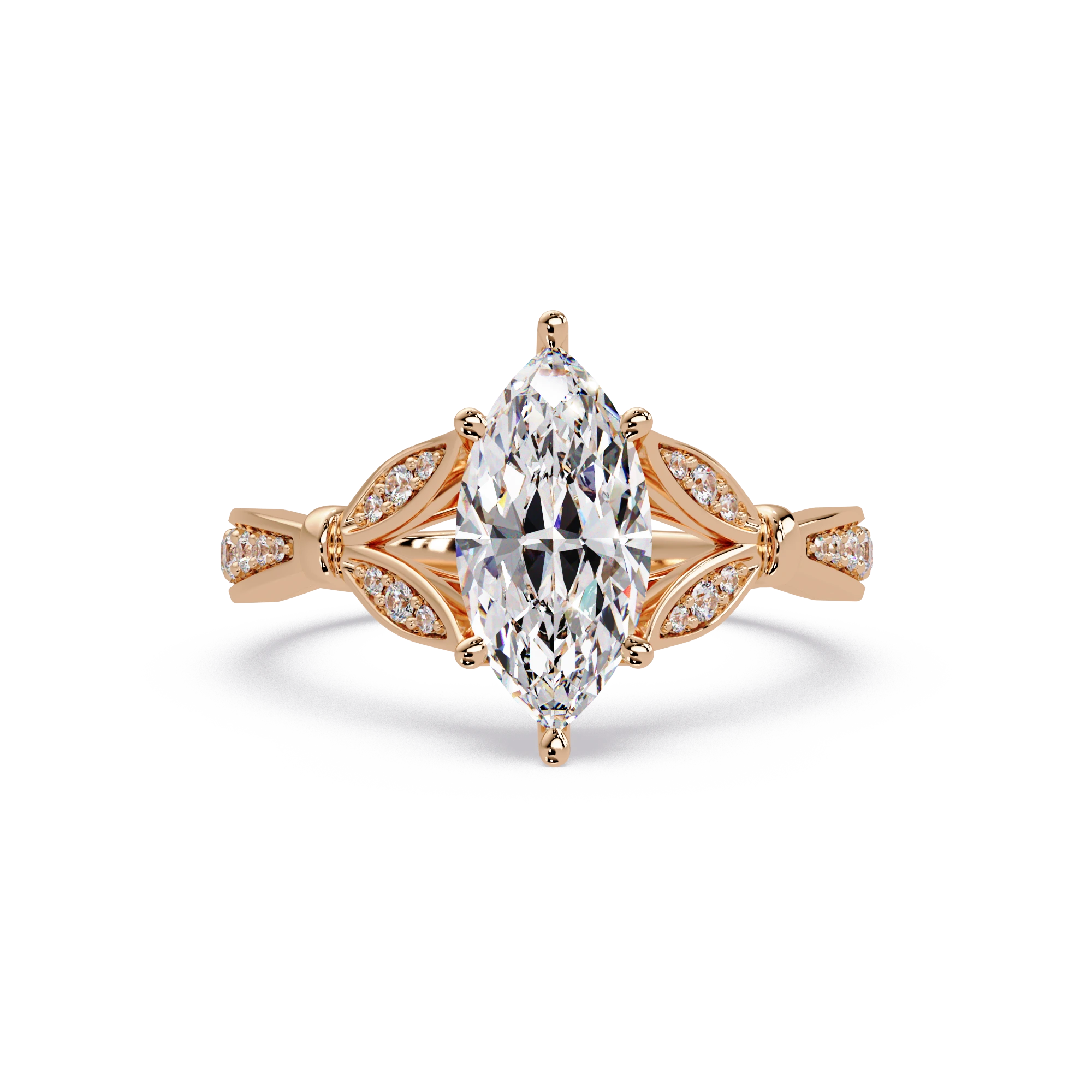 Marquise Diamond Leaf Engagement Ring Rose Gold Nature Inspired Pavé Bridal Ring