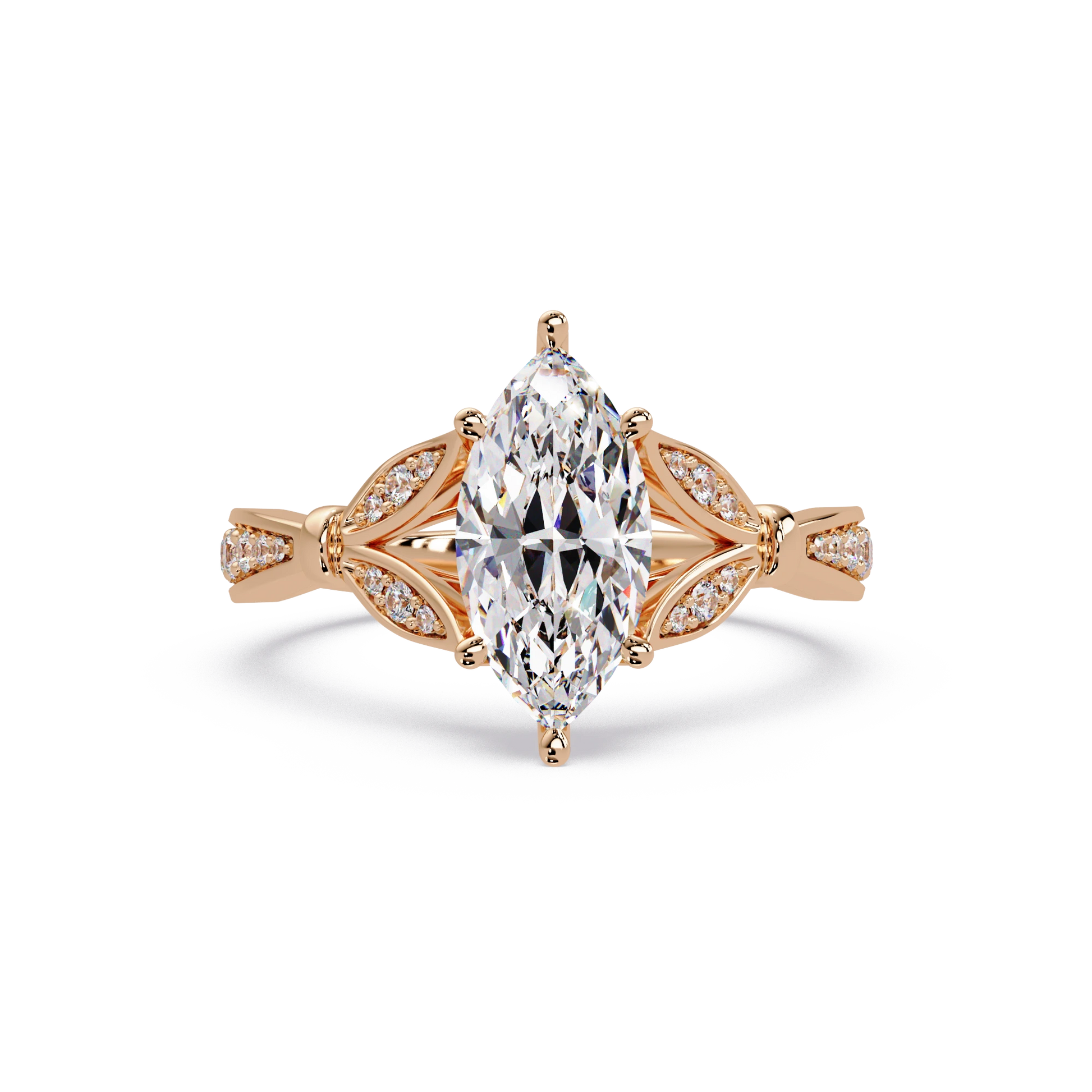 Marquise Diamond Leaf Engagement Ring Rose Gold Nature Inspired Pavé Bridal Ring