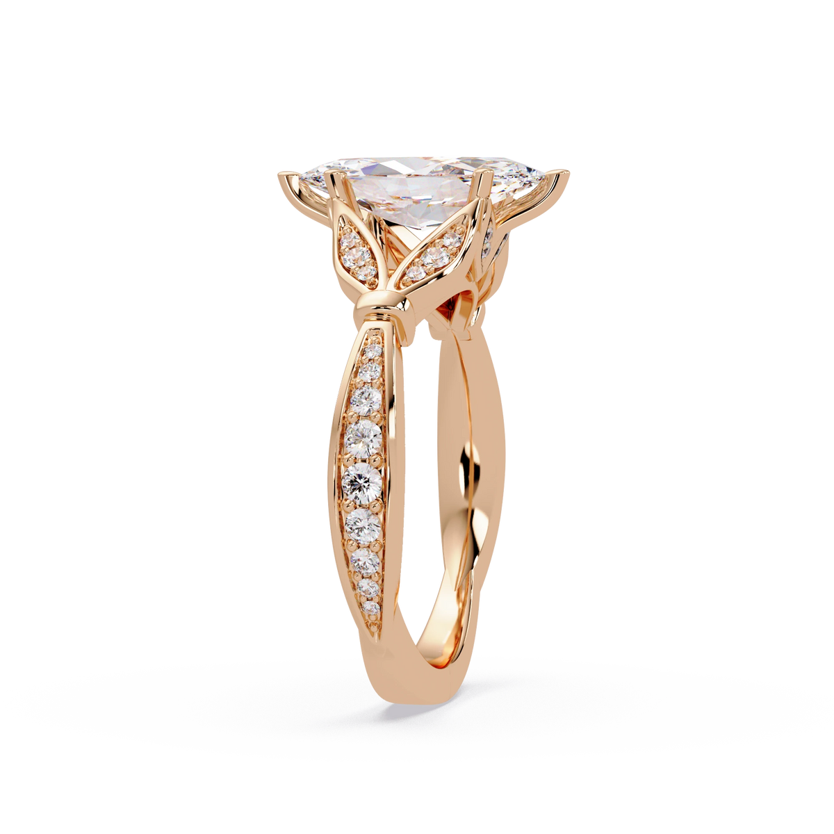 Marquise Diamond Leaf Engagement Ring Rose Gold Nature Inspired Pavé Bridal Ring