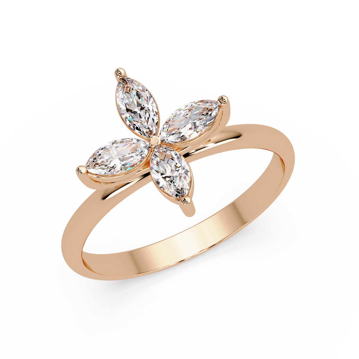 Marquise Lab Grown Diamond Floral Ring Four Petal Blossom Rose Gold Engagement Ring