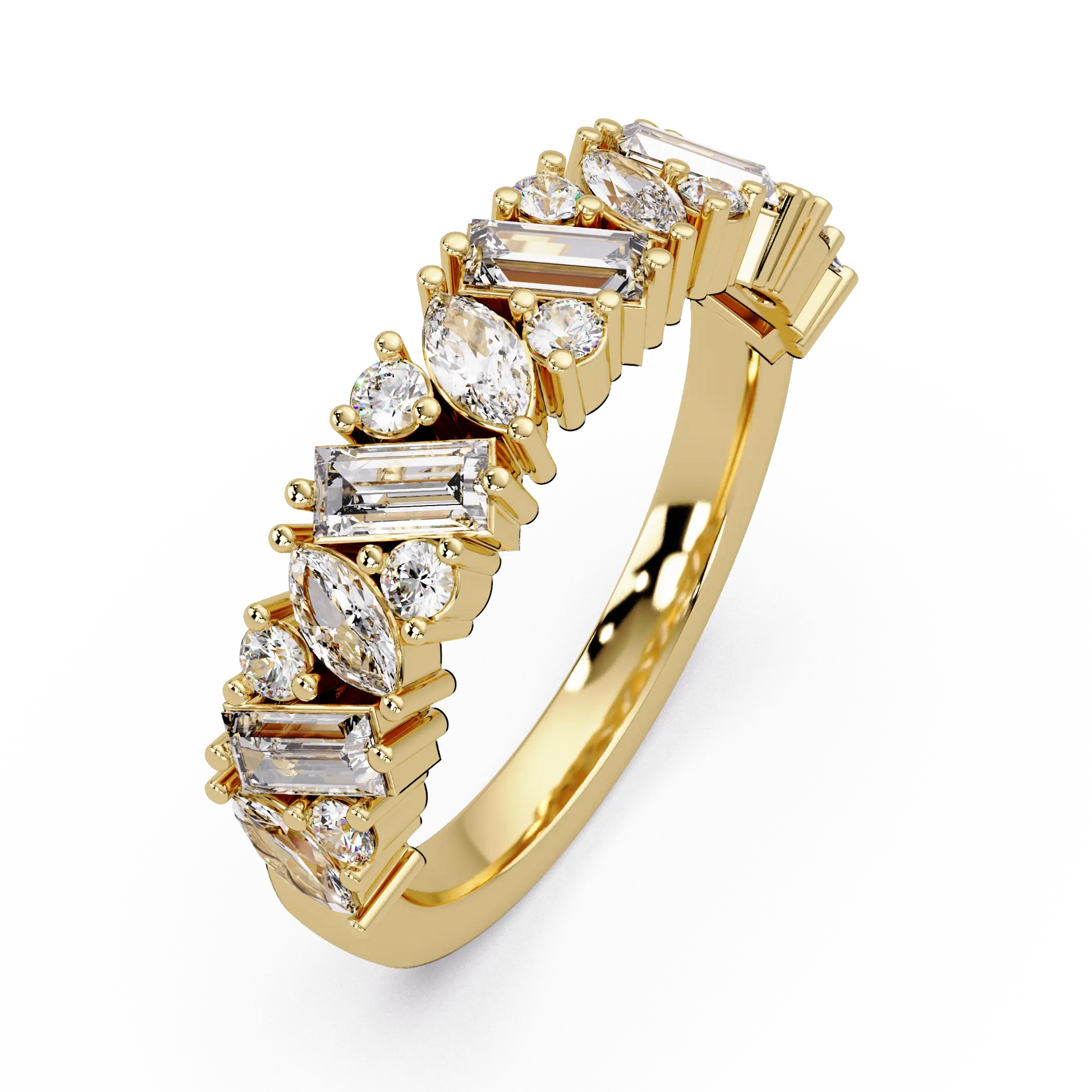 Mixed Cut Diamond Eternity Wedding Band & Marquise, Emerald & Round Diamond Anniversary Ring