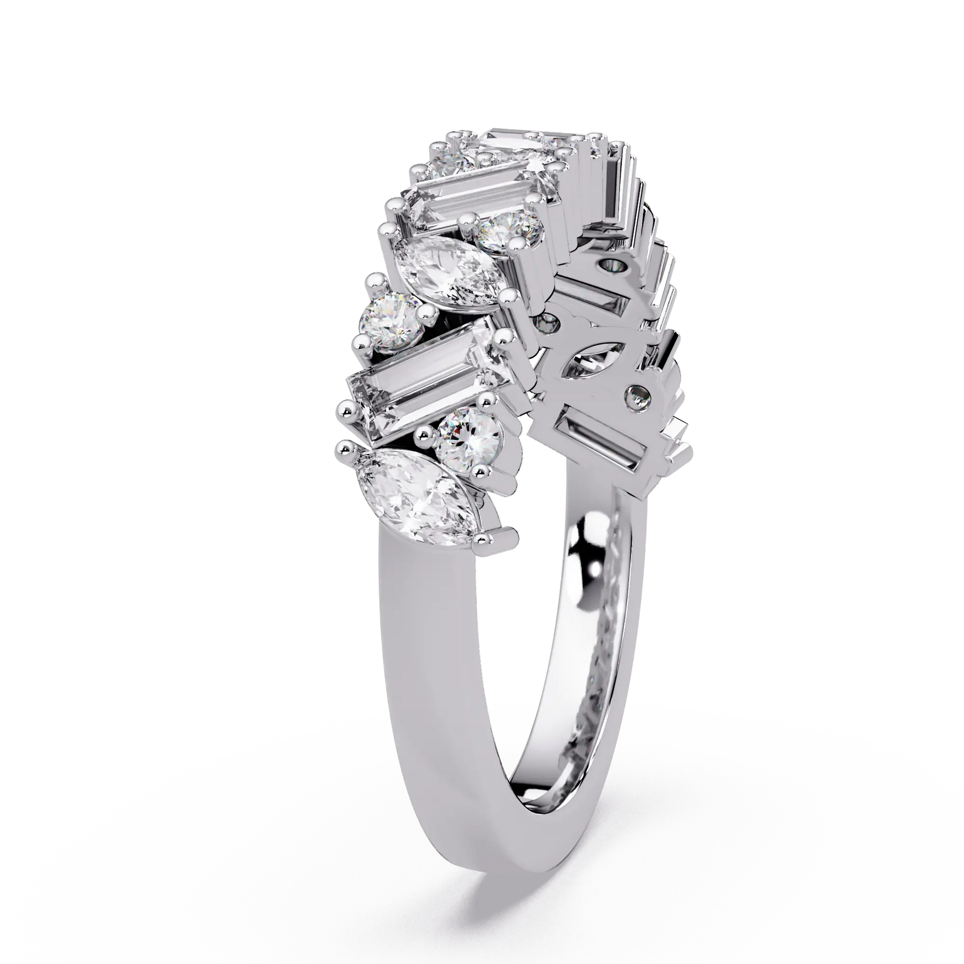 Mixed Cut Diamond Eternity Wedding Band & Marquise, Emerald & Round Diamond Anniversary Ring