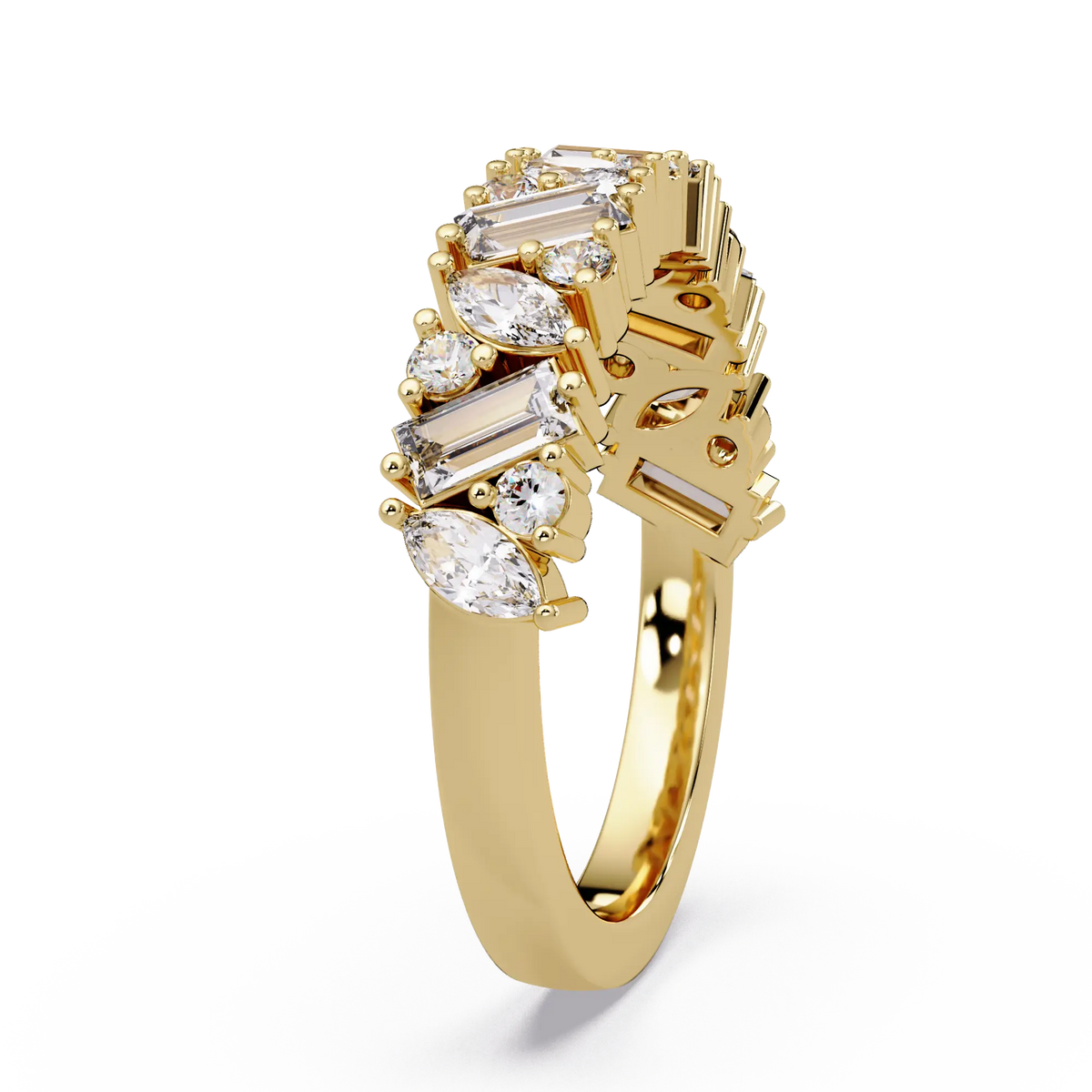 Mixed Cut Diamond Eternity Wedding Band & Marquise, Emerald & Round Diamond Anniversary Ring