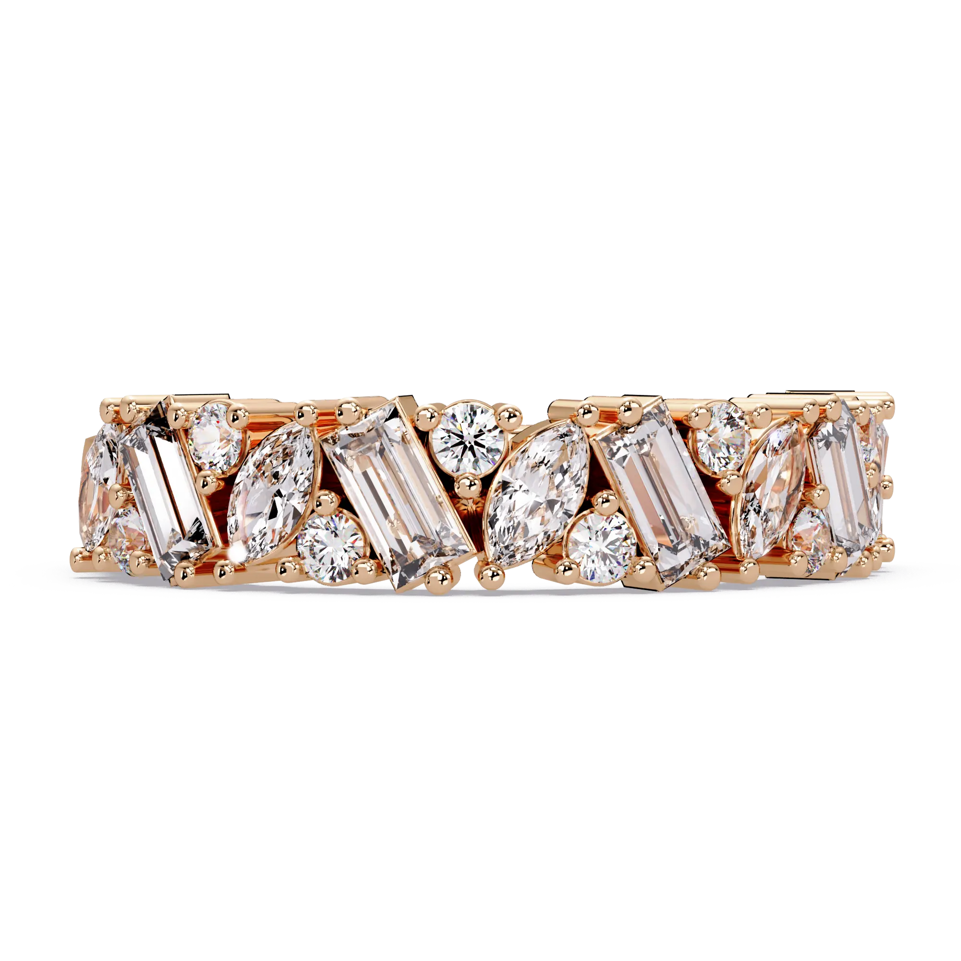Mixed Cut Diamond Eternity Wedding Band & Marquise, Emerald & Round Diamond Anniversary Ring