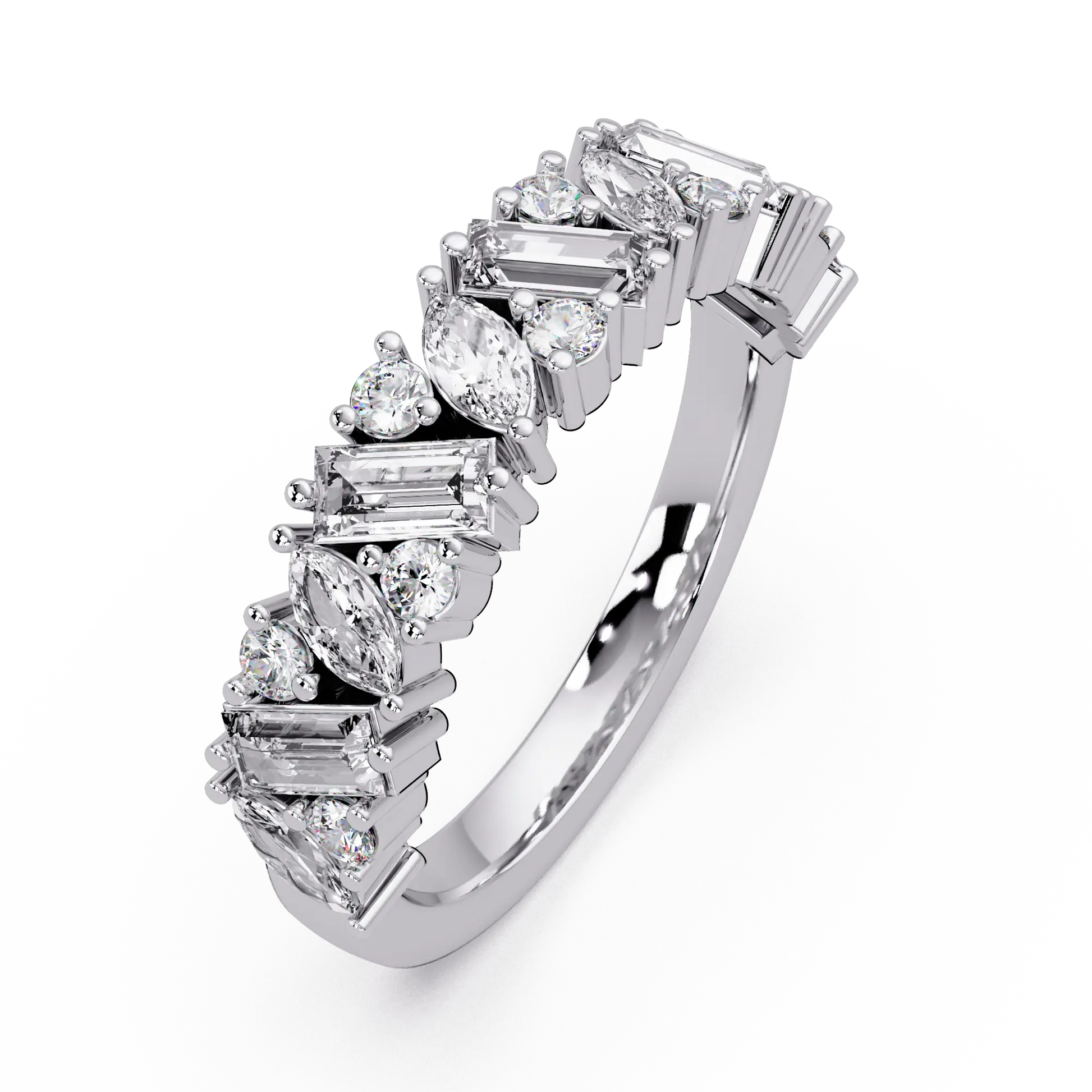 Mixed Cut Diamond Eternity Wedding Band & Marquise, Emerald & Round Diamond Anniversary Ring