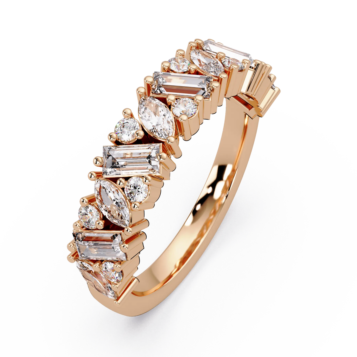 Mixed Cut Diamond Eternity Wedding Band & Marquise, Emerald & Round Diamond Anniversary Ring